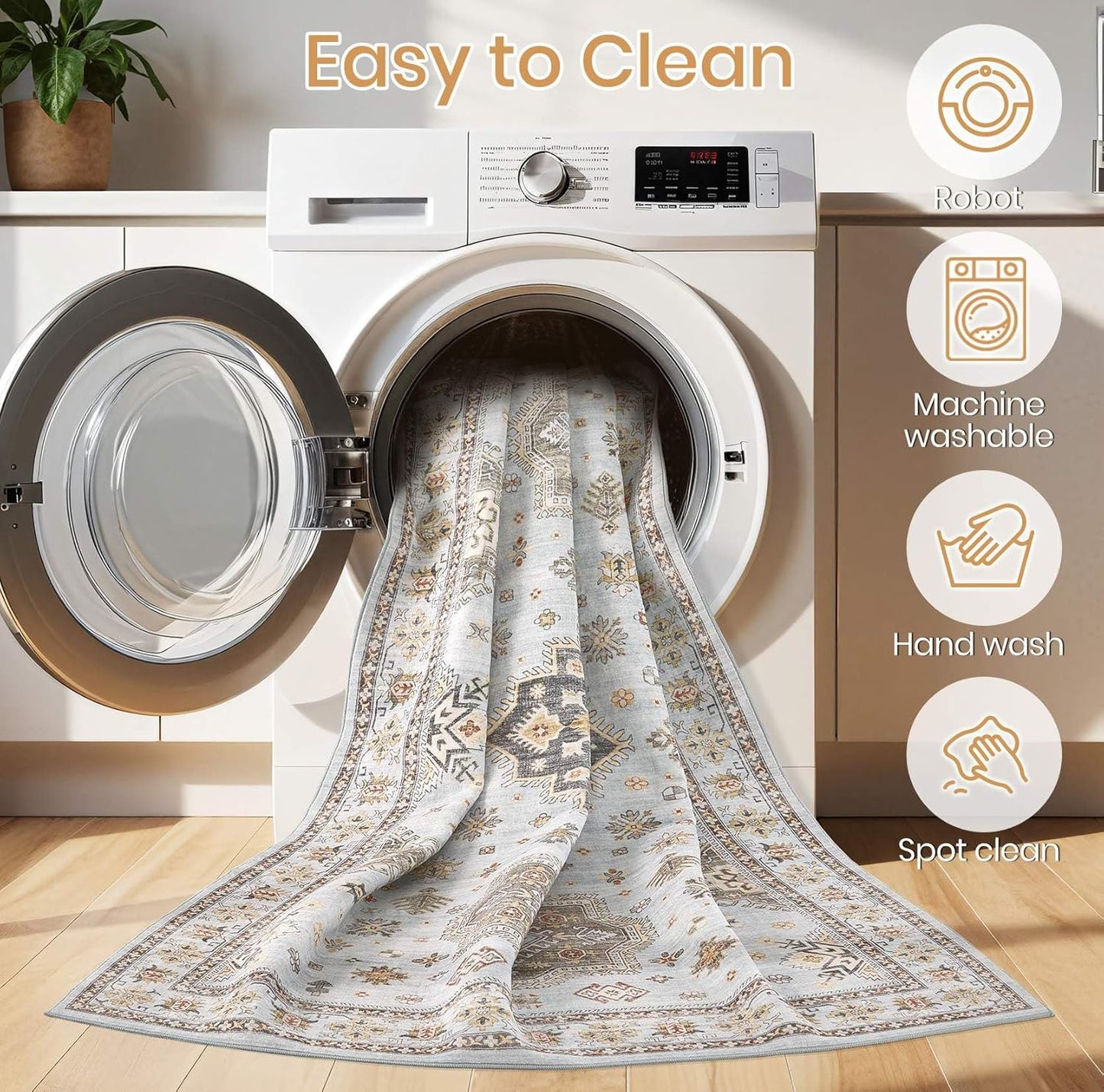 Washable Area Rugs for Living Room - 5x7 Neutral Vintage Distressed Floral Farmhouse Boho Large Soft Floor Rug Indoor Non Slip Carpet for Living Room Bedroom Dining Room Office - Blue Brown