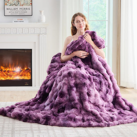 Lotus Karen Faux Fur Throw Blanket Tie-dye Violet - Big Bubble Rabbit Fluff Blanket for Couch Bed Sofa,Softest Fluffy Fuzzy Cozy Blanket,Thick Furry Plush Shaggy Warm Blankets for Women,60x80 Inches