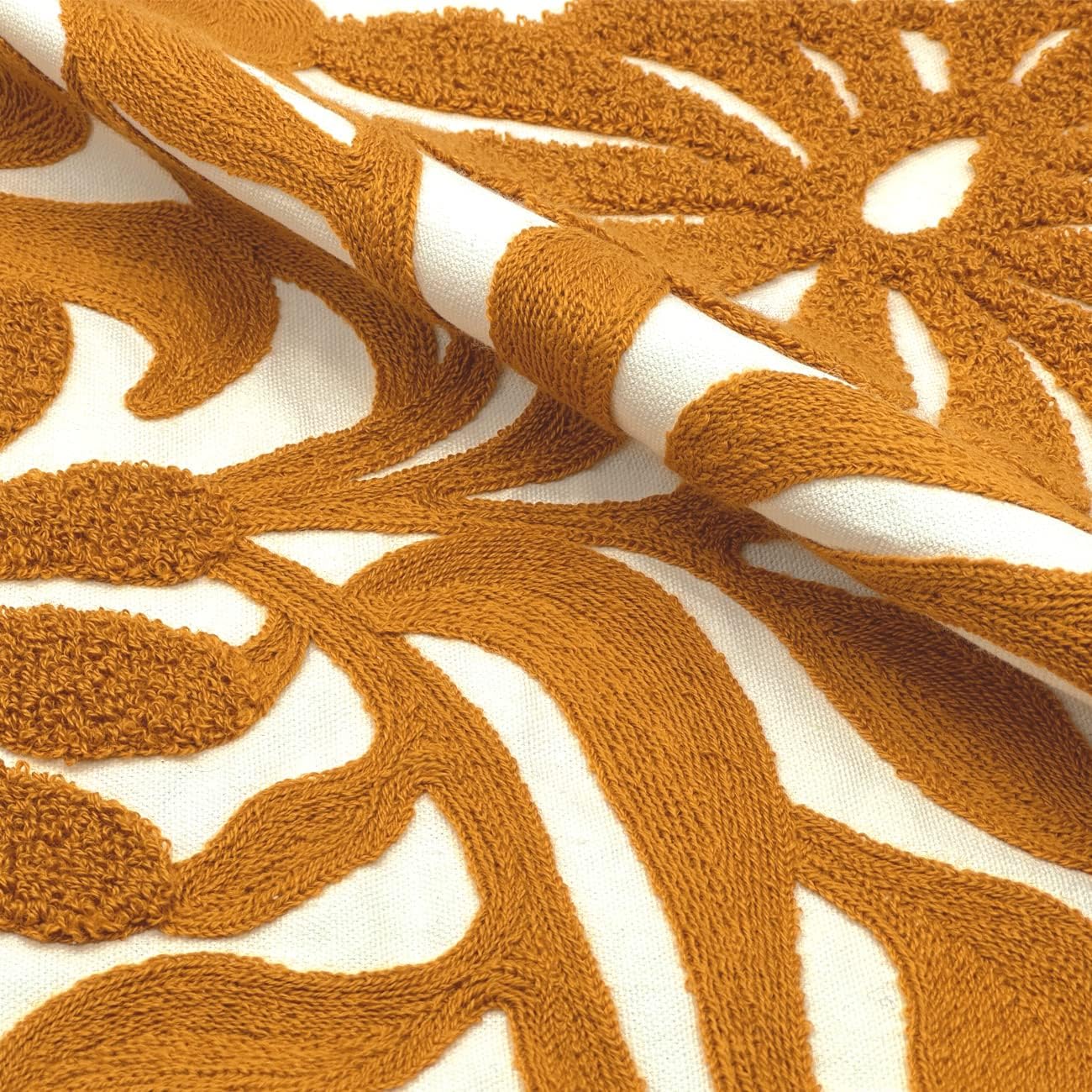 Alysheer Farmhouse Floral Leaves Embroidered Decorative Throw Pillow Cover 18x18 inches, Boho Tufted Flowers Embroidery Pattern Chic Cotton Cushion Case for Couch Bed Sofa Living Room(Mustard Yellow)