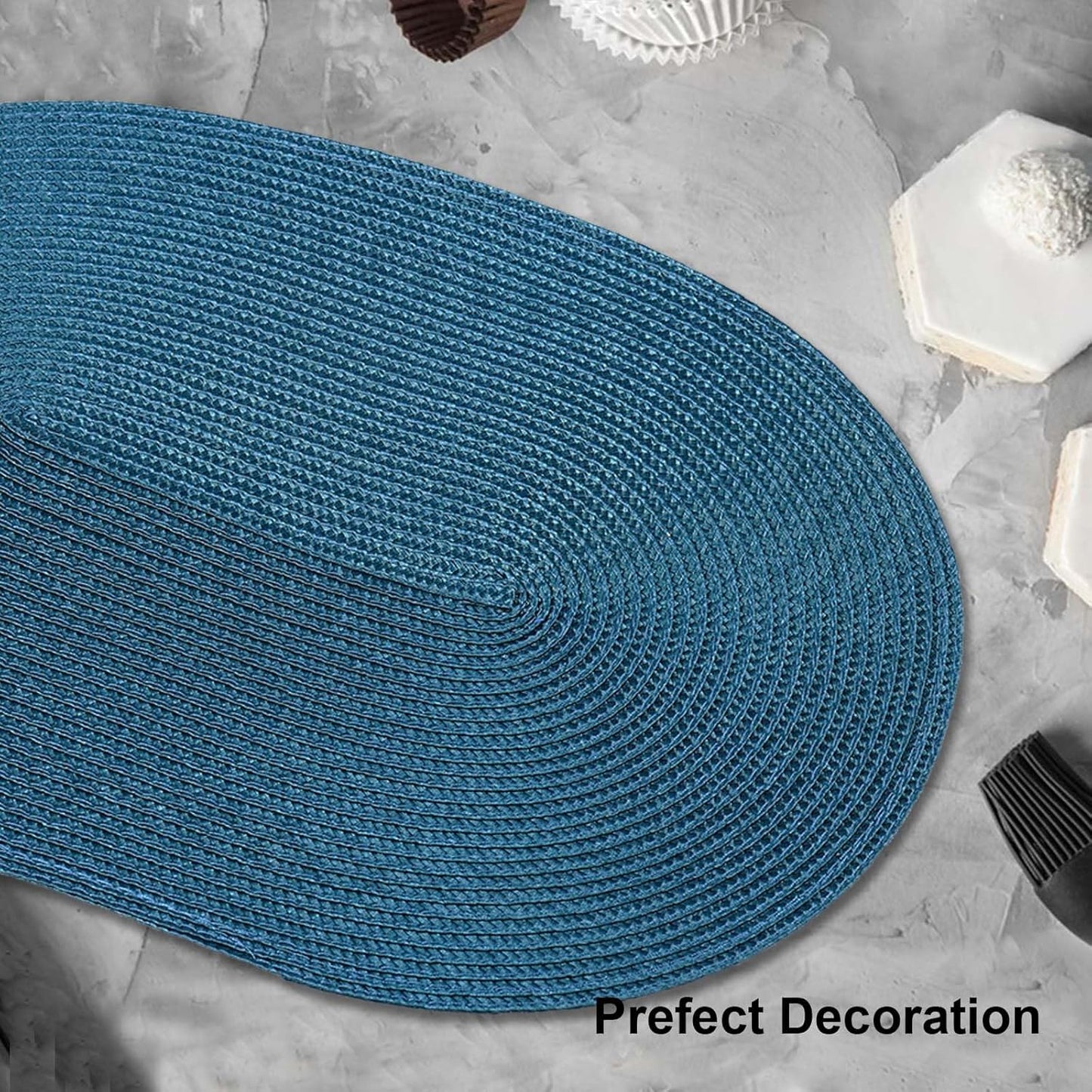 AHHFSMEI Placemats Set of 8 for Dining Table Washable Woven Vinyl Non-Slip 18x12 inches Placemat Heat-Resistant Durable Table Mats for Dining Table Easy to Clean (Oval Blue, 8)