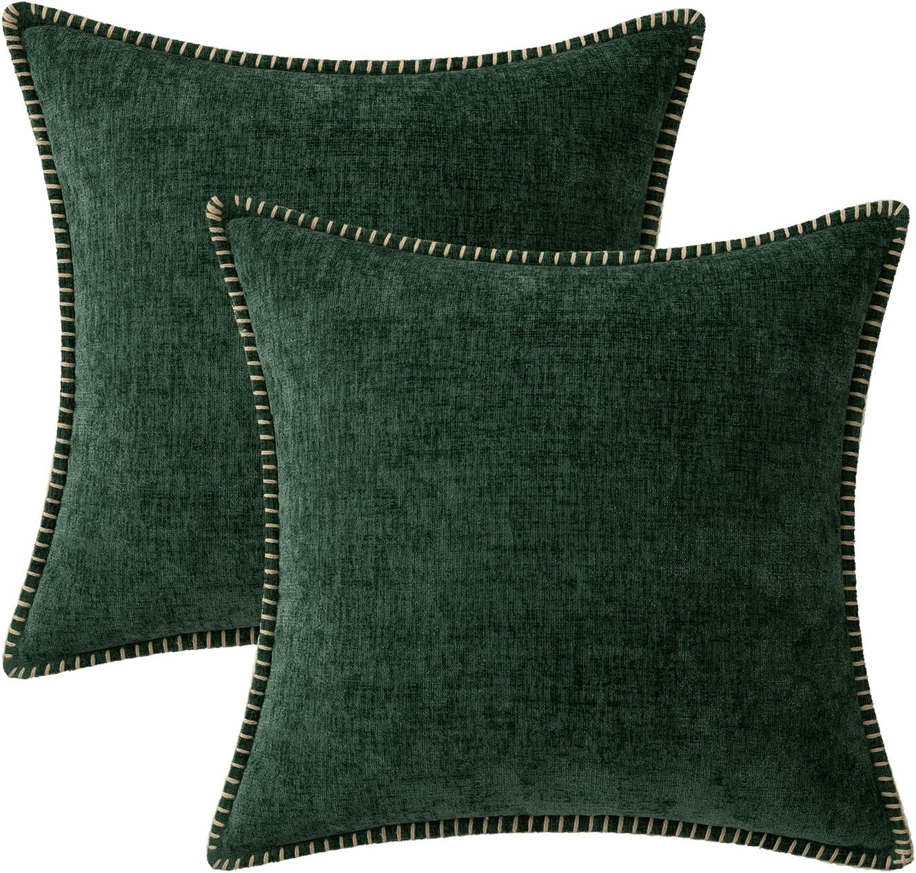 MIULEE Pack of 2 Christmas Pillow Covers 18x18 Inch Dark Green Farmhouse Decorative Throw Pillow Covers with Stitched Edge Soft Chenille Solid Dyed Couch Pillow Covers for Sofa Bed Living Room