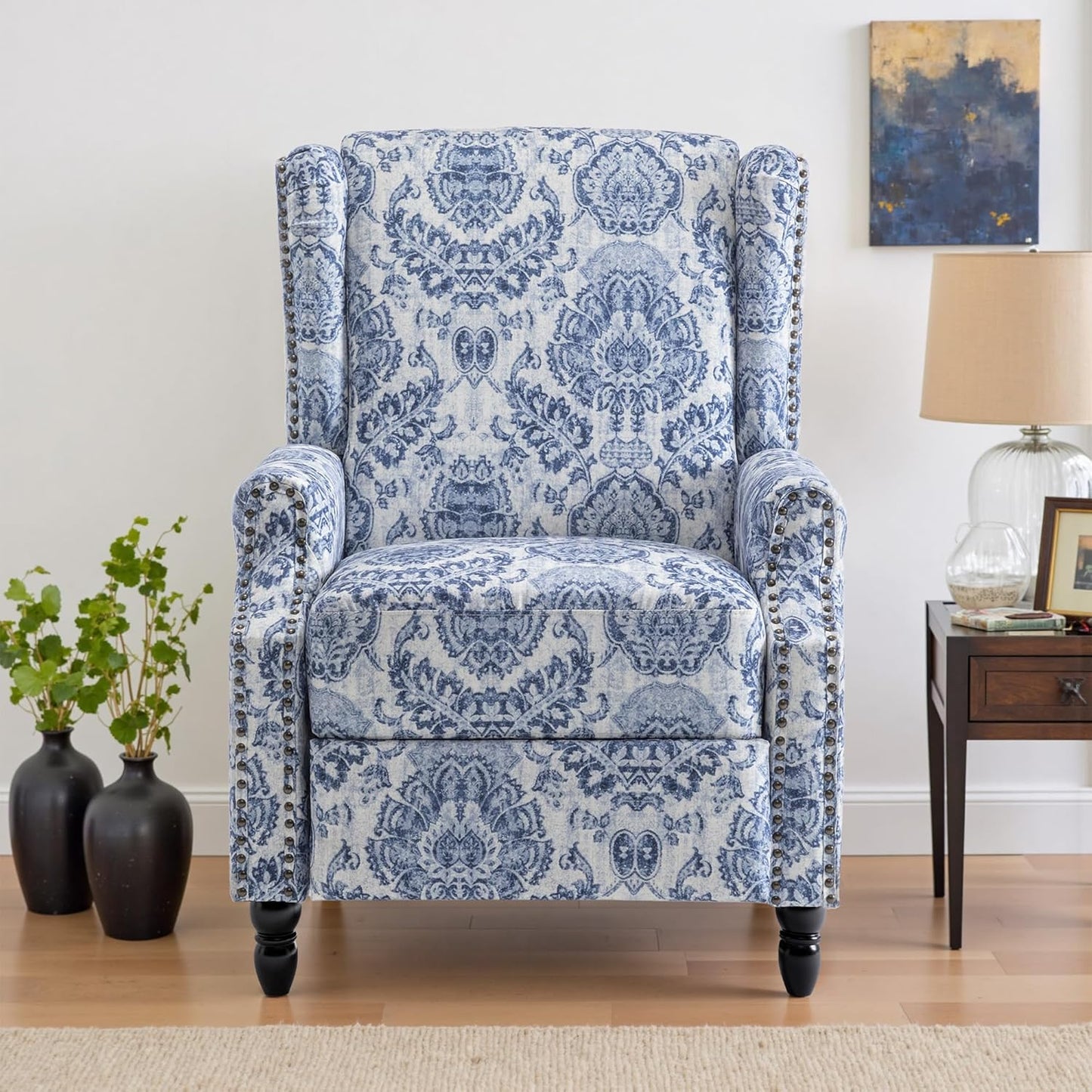 UIXE Floral Pushback Recliner Chair, Fabric Upholstered Armchair Push Back Accent Chair for Living Room, Rivet Trim Club Chair Home Theater Single Sofa Reading Seat - Navy Blue