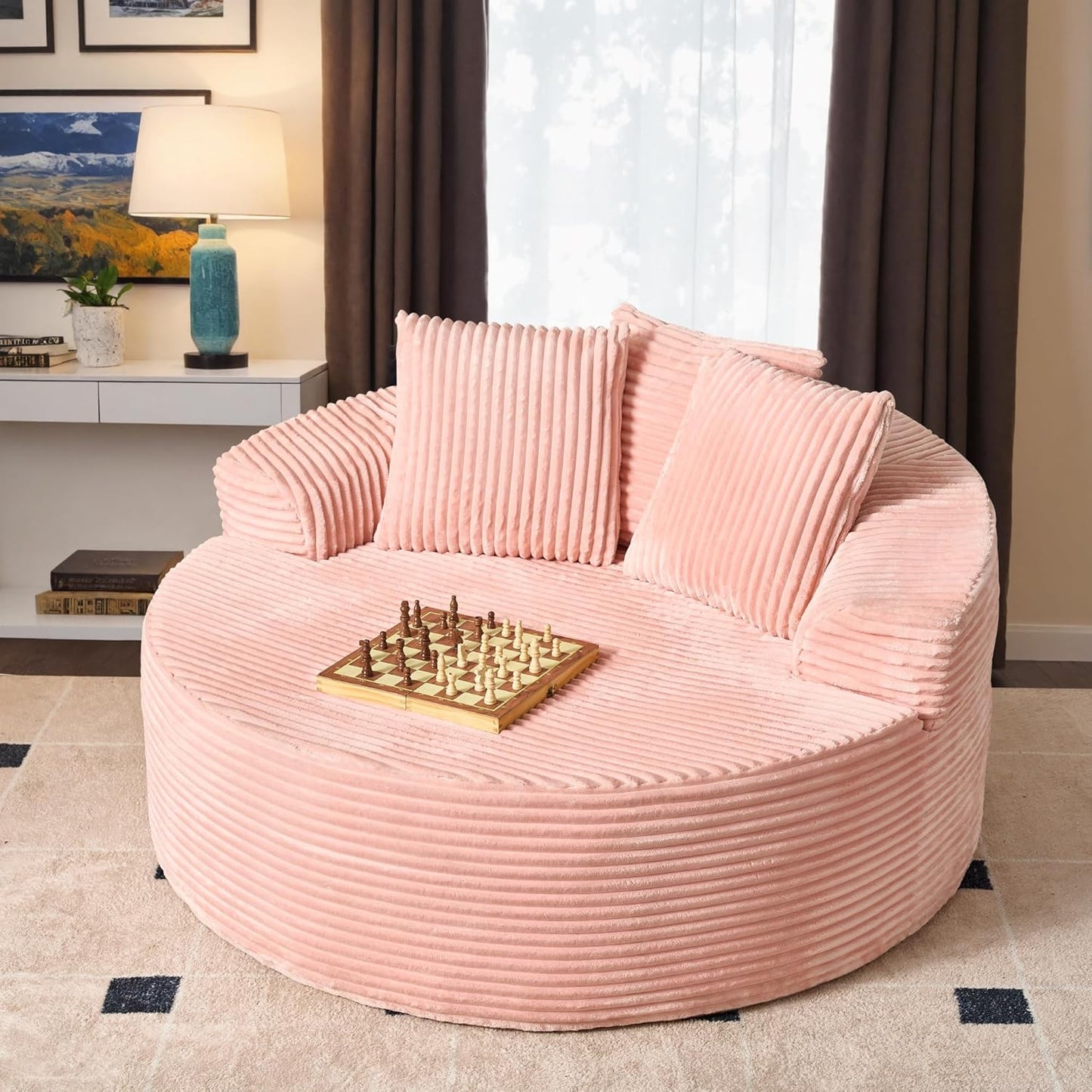 ovios 58" Oversized Round Chair Lounge Chaise Indoor, No Assembly Required, Cloud Large Circle Chair with Plush Fuax Fur, Fluffy Modern Sleeper Sofa Bed for Reading Yoga, Pink (Plush Corduroy Fabric)