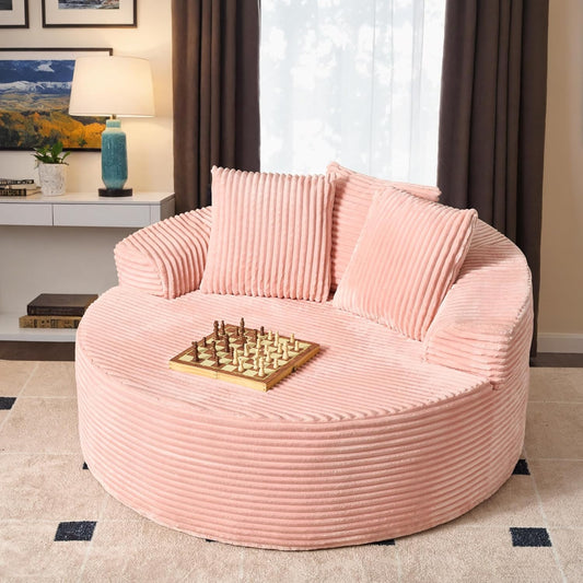 ovios 58" Oversized Round Chair Lounge Chaise Indoor, No Assembly Required, Cloud Large Circle Chair with Plush Fuax Fur, Fluffy Modern Sleeper Sofa Bed for Reading Yoga, Pink (Plush Corduroy Fabric)