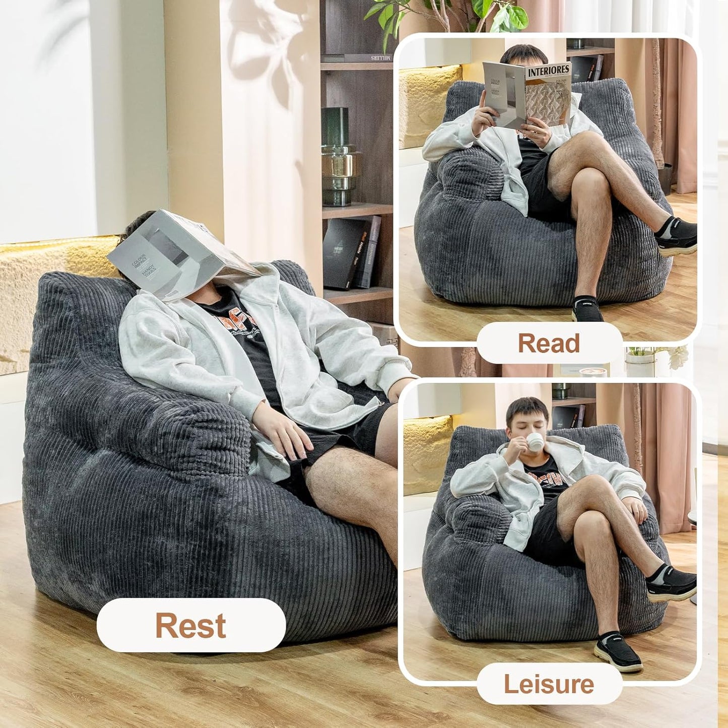 Giant Bean Bag Chair, Faux Fur Large Bean Bag Chair for Adults, Fluffy and Comfy Giant Bean Bag Chair with Filler, Big Bean Bag Sofa Chair for Reading, Gaming, Grey