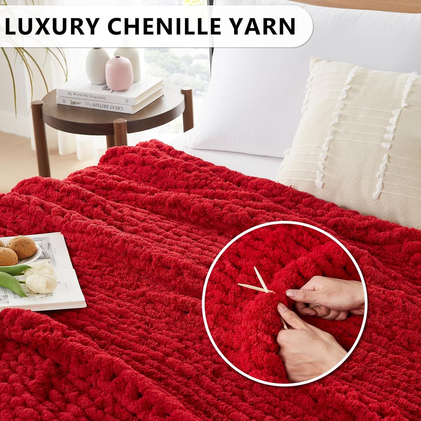 L'AGRATY Chunky Knit Blanket - Soft Chenille Yarn Throw - 60x80 inch: Handmade Thick Cable Crochet Blanket - Large Chunky Yarn Rope Knot Throw for Couch, Sofa, Bed, Home Decor