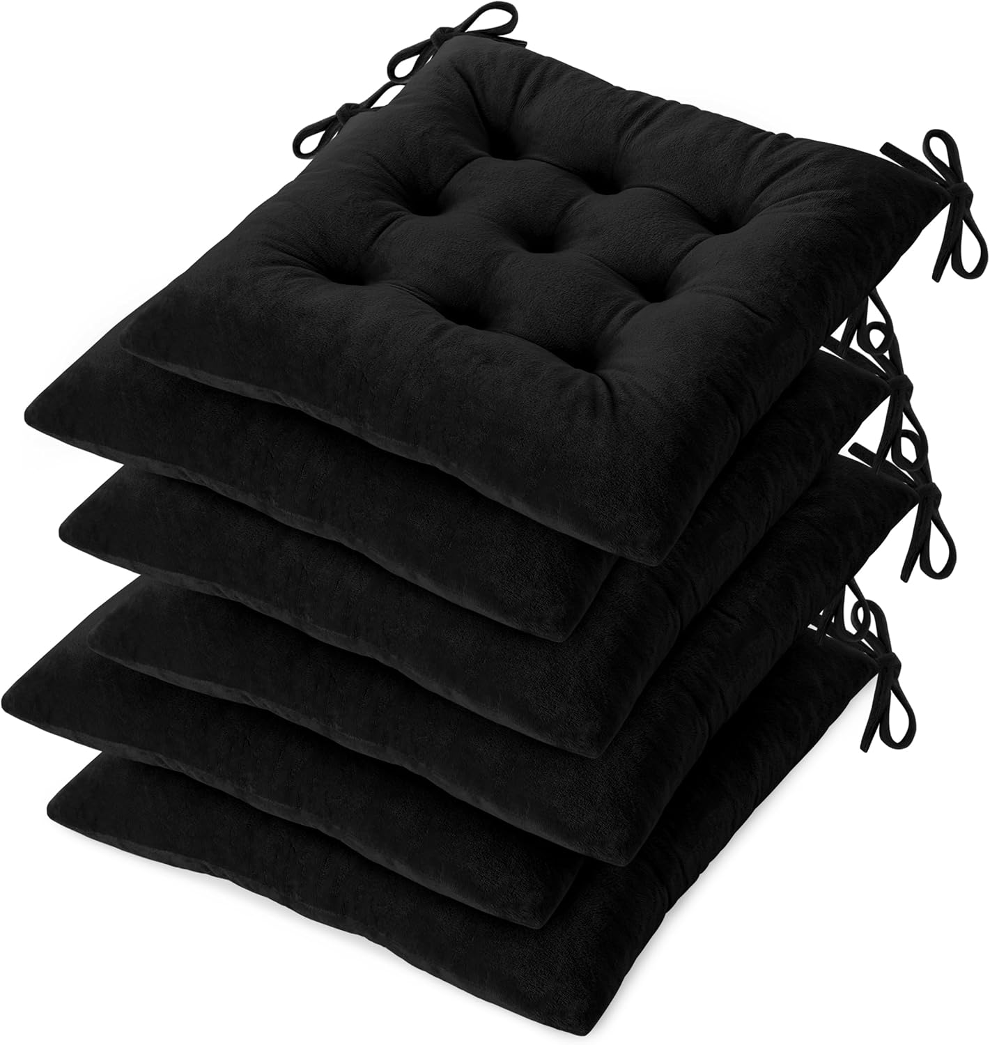OVOV Chair Cushions for Dining Chairs Set of 6 Tufted Indoor Chair Pads with Ties Soft Square Seat Cushions for Kitchen Chairs 15.5"x15.5",Black