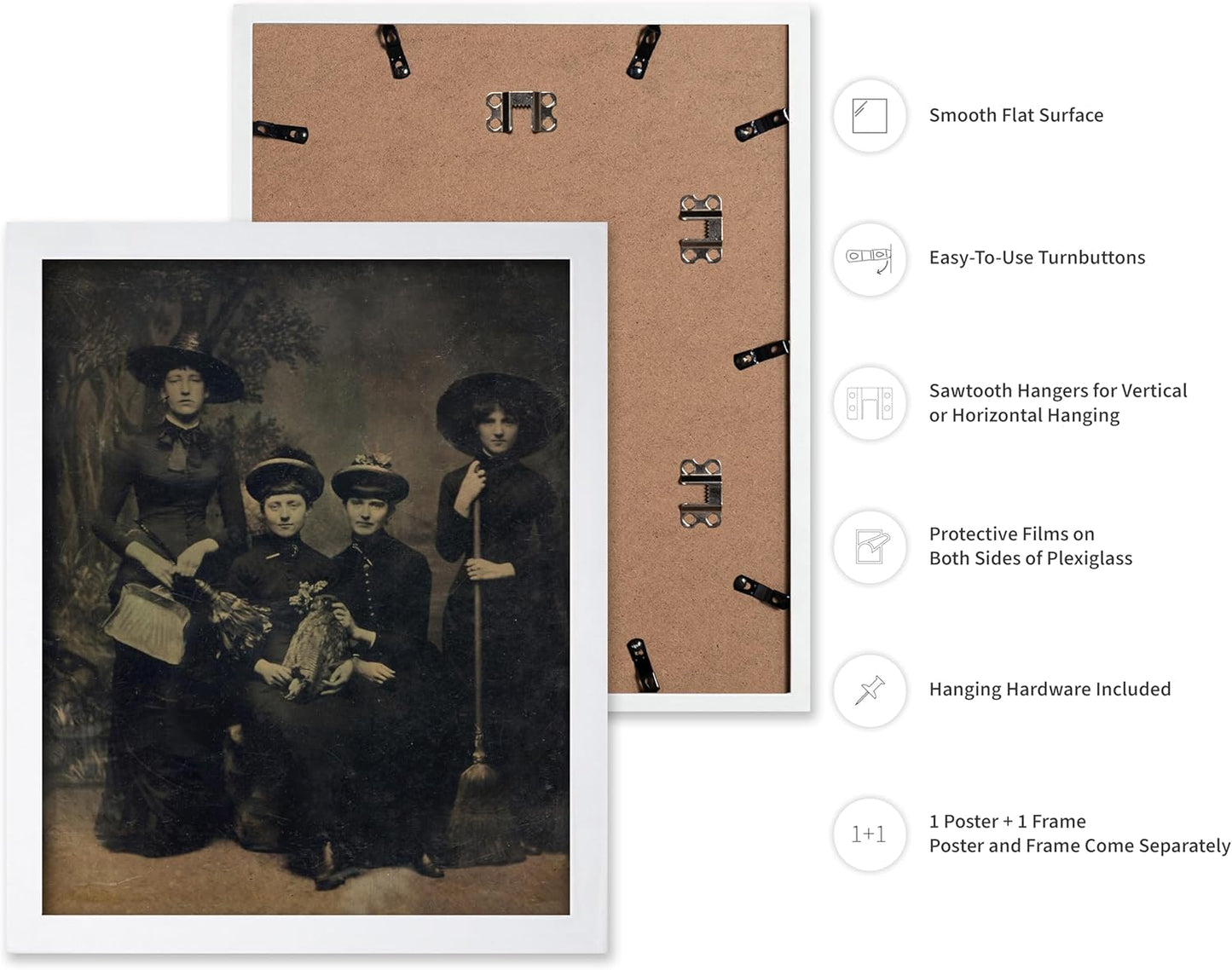 Poster Master Vintage Photograph Poster - Retro Halloween Print - Gift for Artist, Friend - Four Witches Wearing Robes, Sabbath, Coven, Sorcery - Wall Decor for Home, Office, 11x14 White Framed