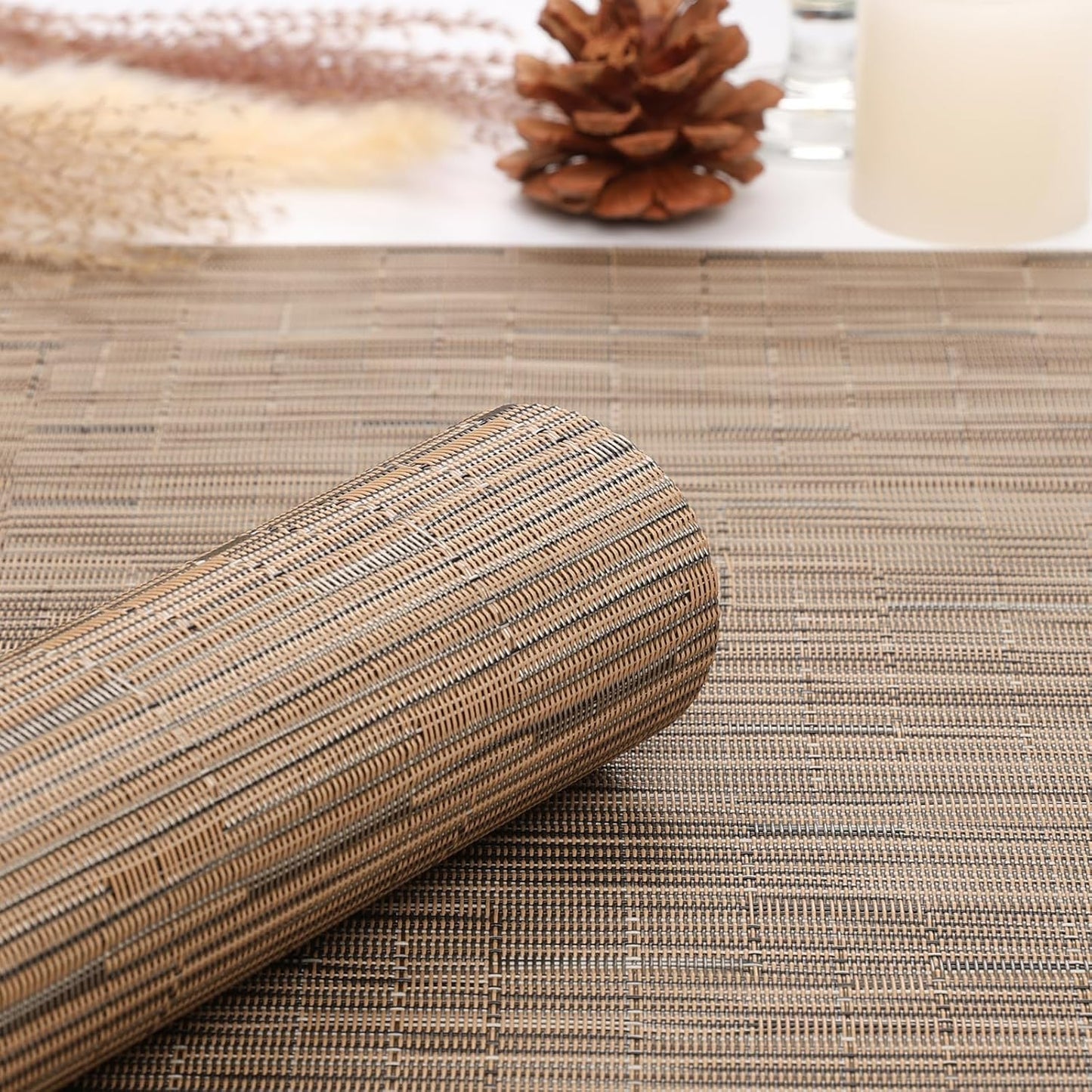 Myir JUN Placemats Set of 8, Vinyl Woven Placemats Place Mats Indoor Set of 8 Washable Table Mats Non-Slip Place mats for Dining Table (Light Brown, Set of 8)