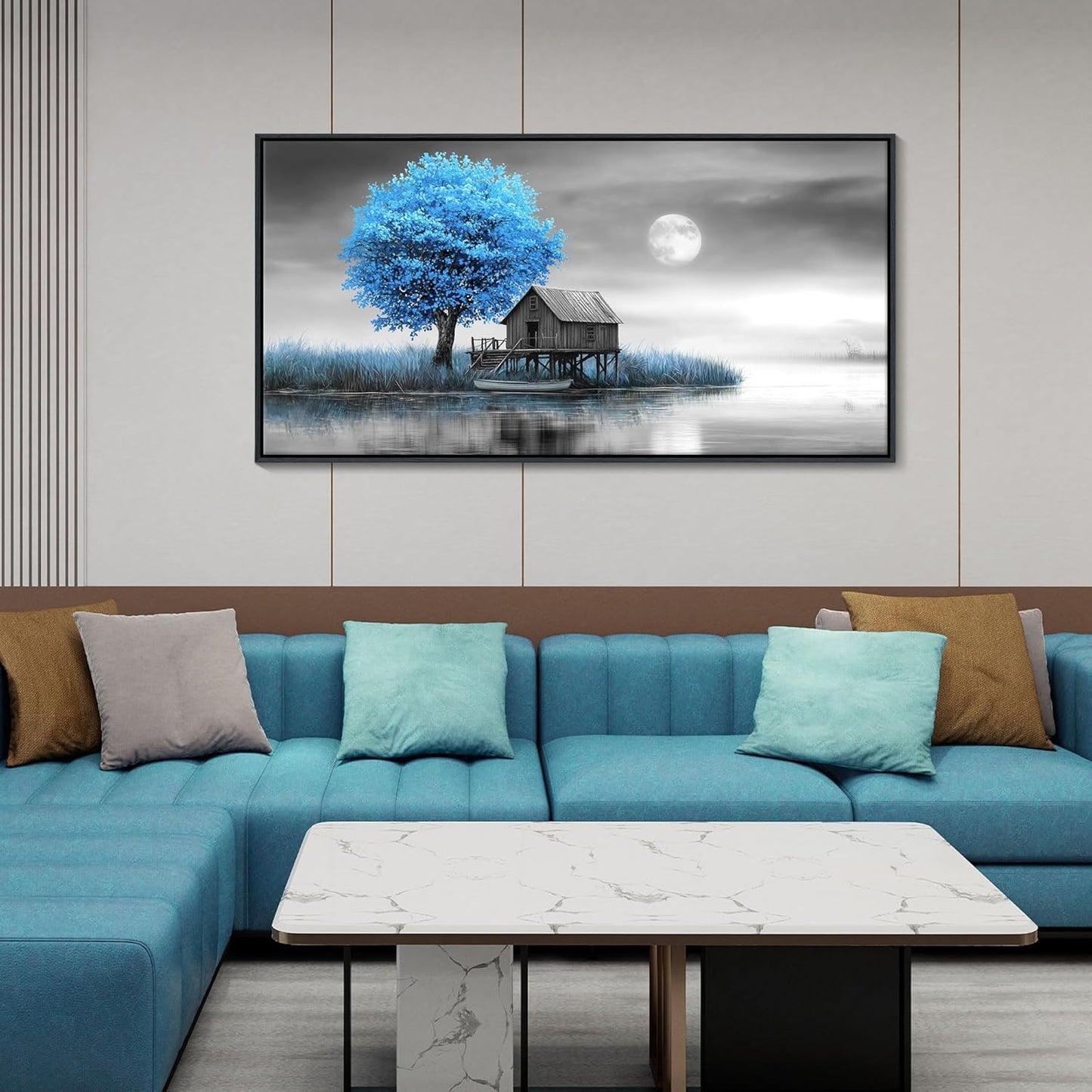 JEAWA Framed Canvas Wall Art Decor - Blue Gray Wall Art for Bedroom Living Room Home Office, Winter Landscape Wall Art Canvas Paintings, Moon Pictures Wall Decor, Tree Art Wall Decor, 24x48 IN
