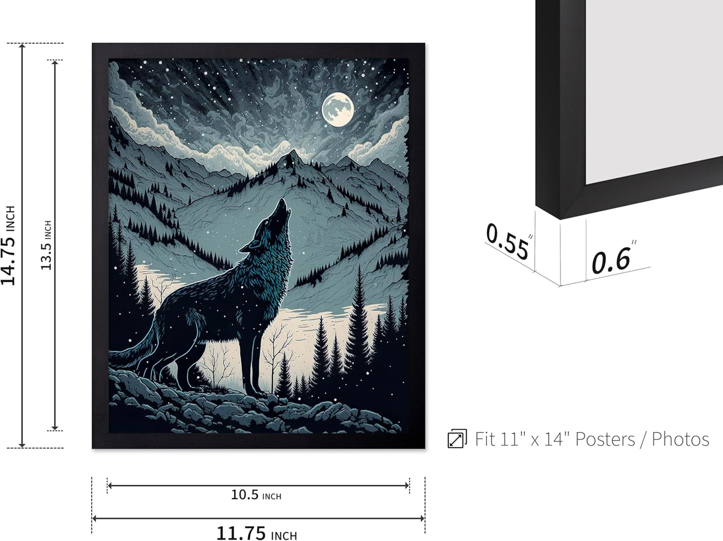 Poster Master Vintage Illustration Poster - Retro Animal Print - Gift for Artist, Friend - Wolf Howling at the Moon, Mountain, Snow, Landscape - Wall Decor for Home, Office, 11x14 Black Framed