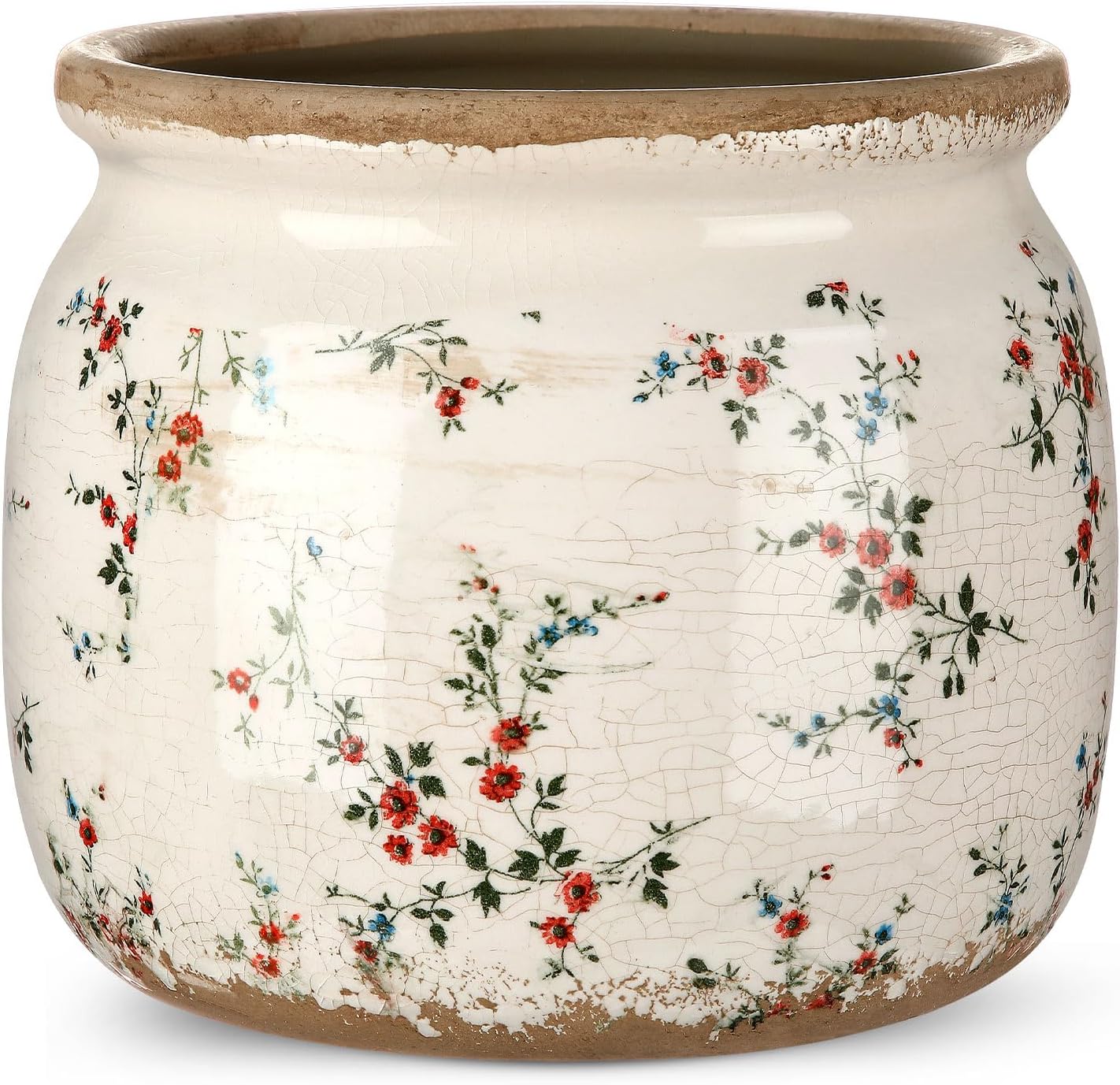 Vintage Planter Large Ceramic Plants Pot Beige Red Rustic Floral Ice Crack Cottage Scroll Vase Flower Vase Pot Indoor Plants Home Kitchen Decor Farmhouse Antique Decorative Gifts