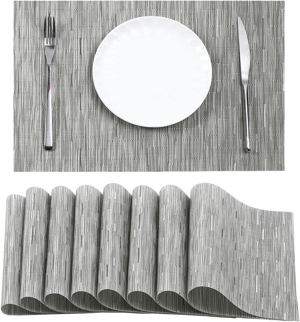 Leetaltree Silver Placemats Set of 8 - Heat Resistant Non-Slip Place mats for Dining Table, Washable Durable PVC Vinyl Woven Table Mats（Silver, 8）