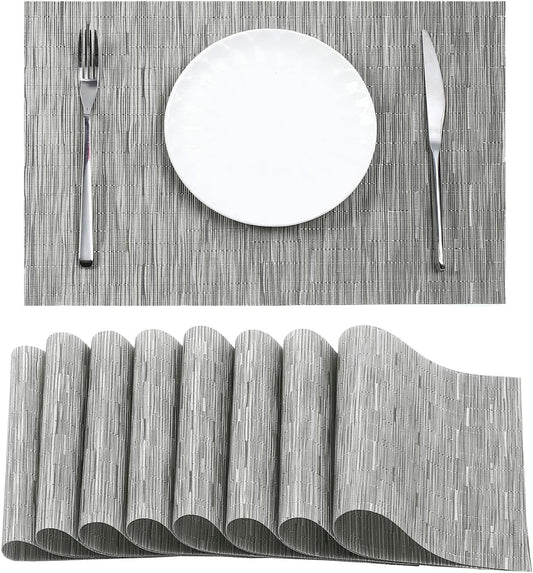 Leetaltree Silver Placemats Set of 8 - Heat Resistant Non-Slip Place mats for Dining Table, Washable Durable PVC Vinyl Woven Table Mats（Silver, 8）