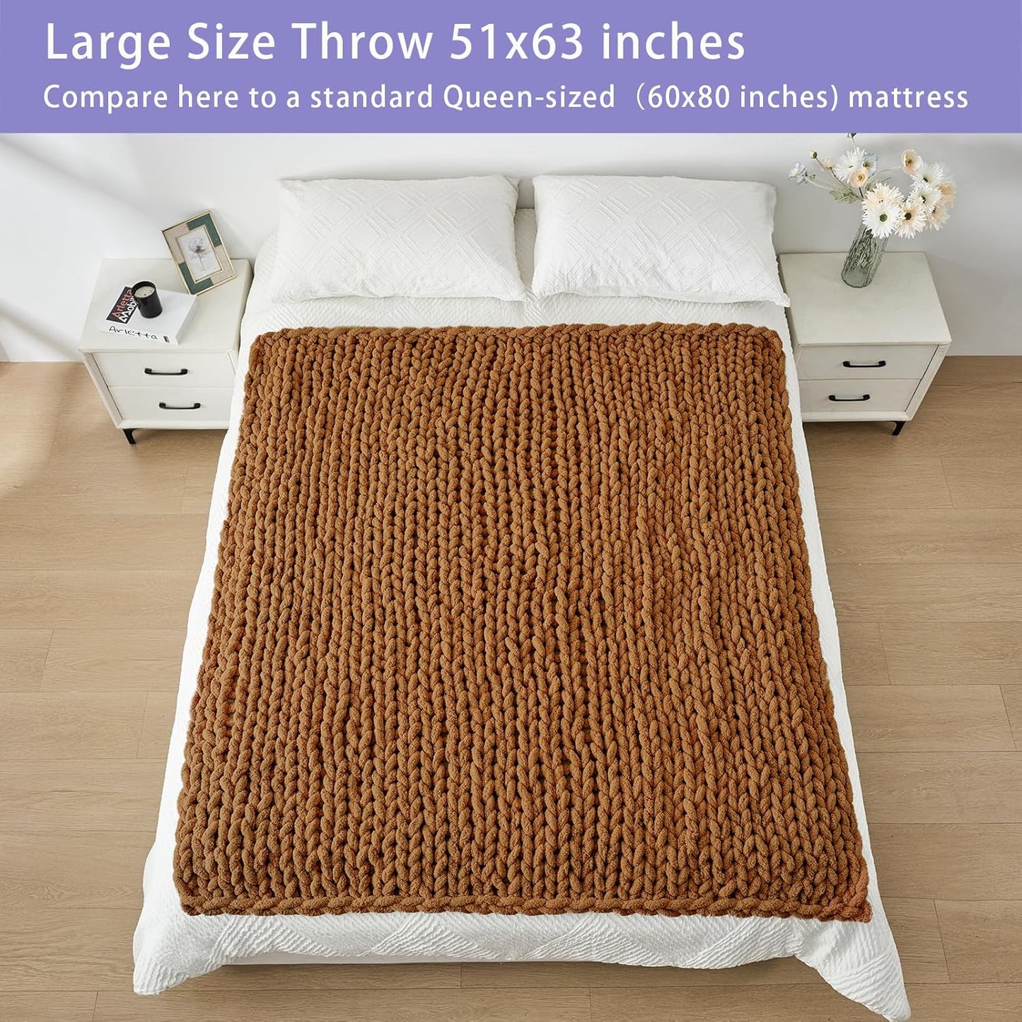 Bigacogo Chunky Knit Throw Blanket for Couch, 51x63 inches, 100% Hand Knitted with Thick Jumbo Chenille Yarn, Cozy Soft Large Rope Knot Cable Crochet Blankets for Sofa Bed Living Room, Caramel