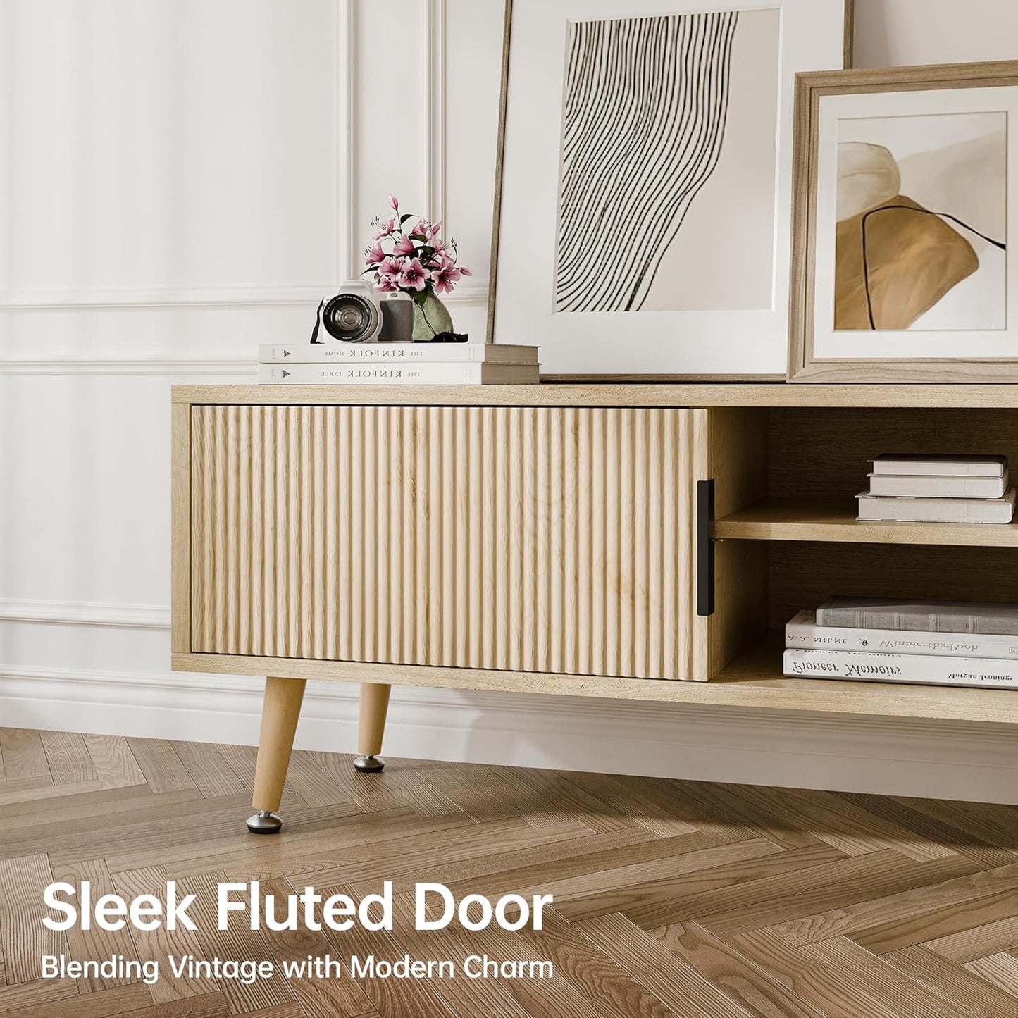 Mid Century TV Stand, Modern TV Console for TVs up to 70 Inches, Entertainment Center with Storage, TV and Media Consol, 62 Inch (Oak)