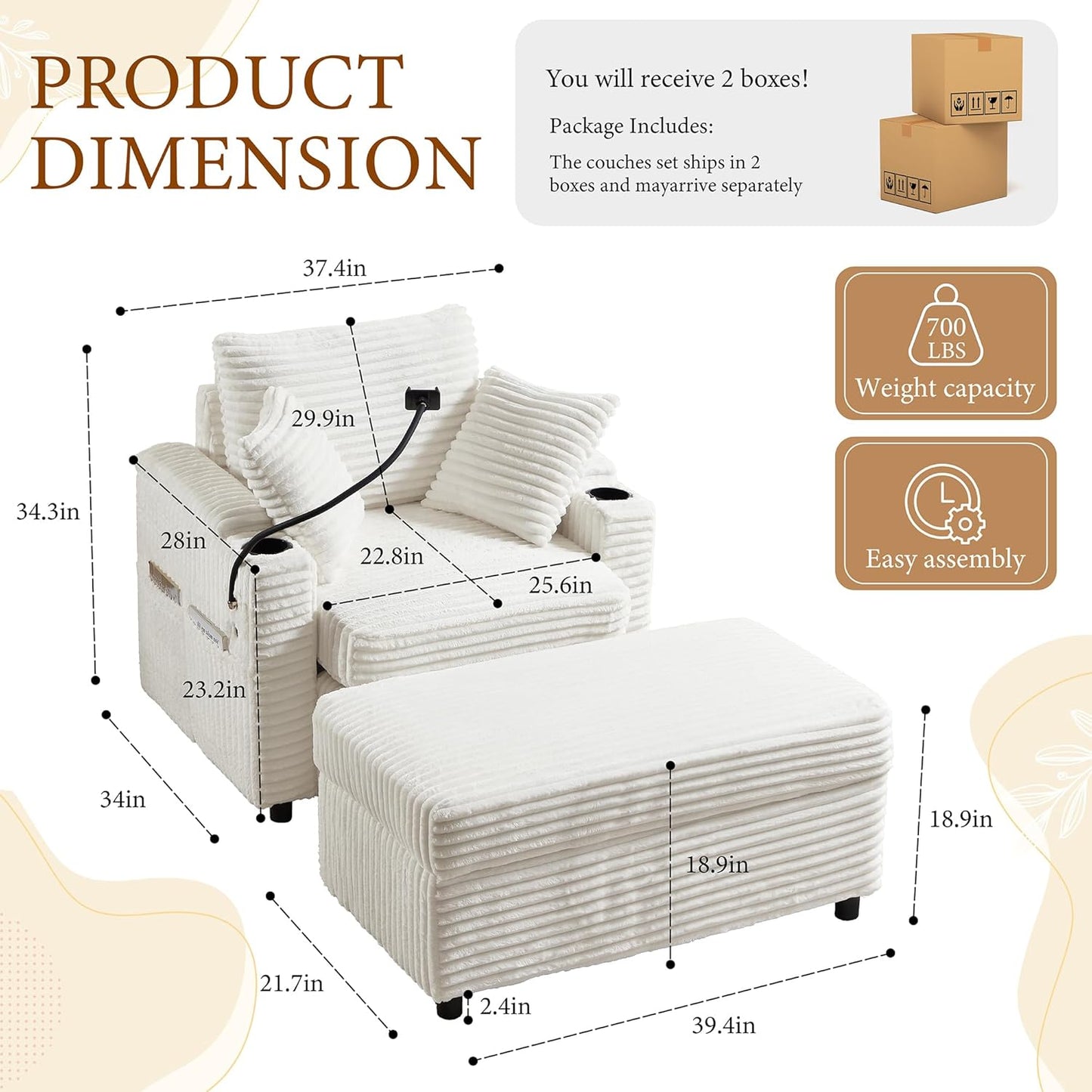 Accent Chair with Storage Ottoman Upholstered Living Room Chairs for Reading Chair with Chaise Lounge Chairs Indoor, Comfortable Armchair for Bedroom