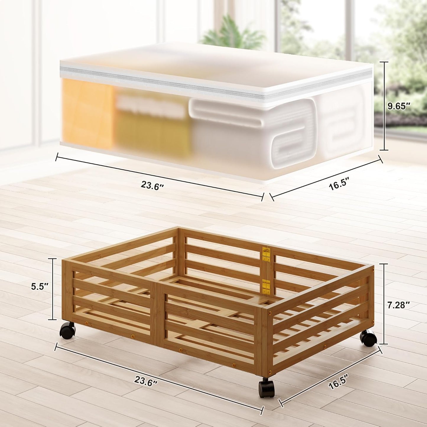 Under Bed Storage with Wheels-Large Bamboo Underbed storage Containers with Large Dust Bag Stackable Under the Bed Shoe Storage Bins for Clothes Books Bedding (2 Packs walnut, 23.62"L×16.54"W× 6.51"H)
