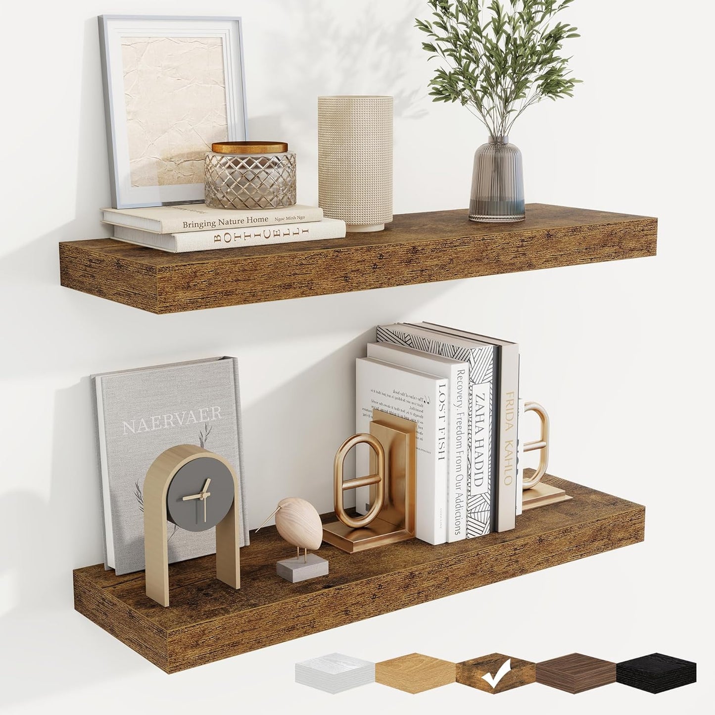 fuqing Floating Shelves for Wall, Bathroom Shelf Wall Mounted for Storage, Shelves with Invisible Bracket for Bedroom, Kitchen, Living Room, Farmhouse Small Book Shelf, 24 Inch Set of 2, Rustic Brown