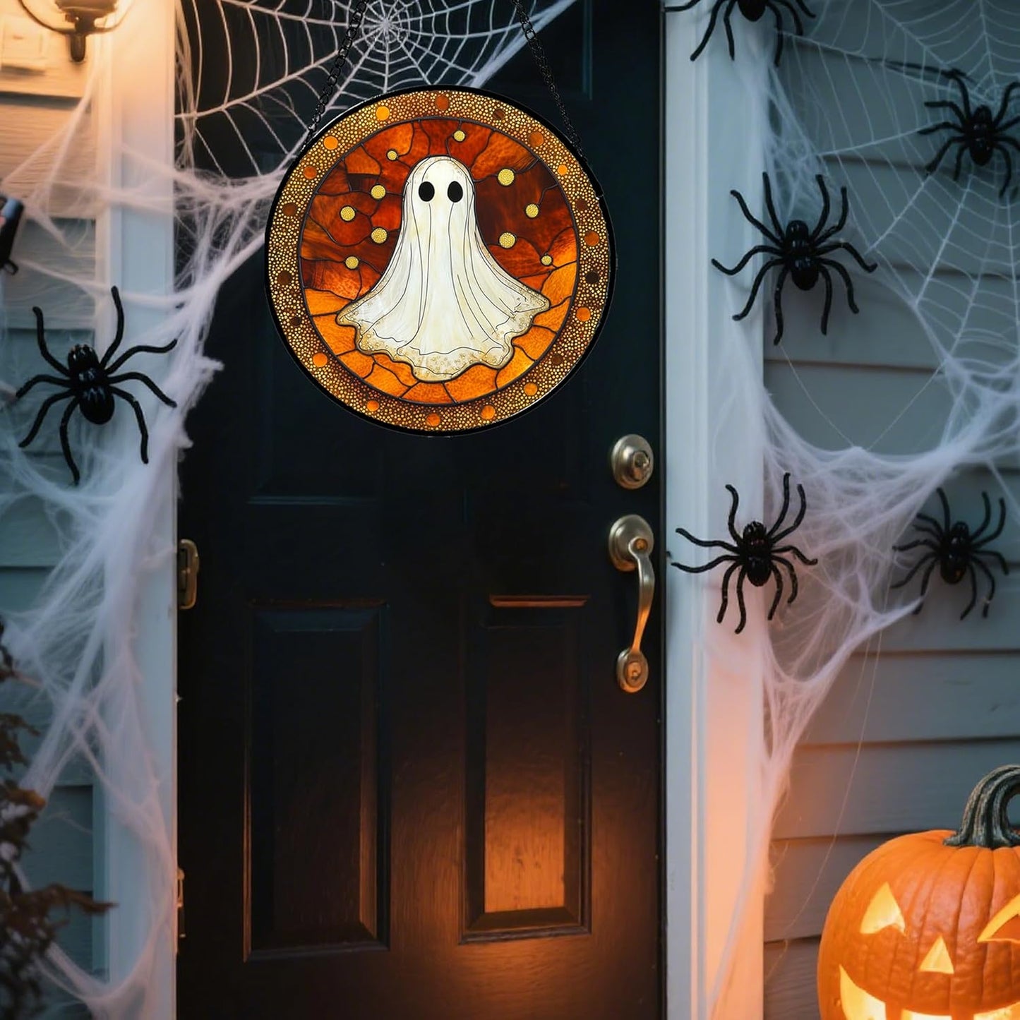 Stained Glass Window Hanging - Halloween Decorations White Ghost Suncatcher for Doors Garden Indoor Spooky Funny Orange Sun Catchers Gothic Decor Horror Gifts for Women Men Friend 6.3 in