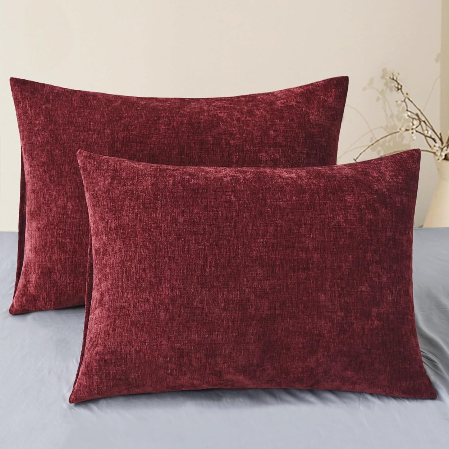 CaliTime Throw Pillow Covers Decorative 20 X 26 Inches Pack of 2 Cozy Chenille Standard Pillow Shams Cases for Couch Sofa Bed Living Room Home Burgundy