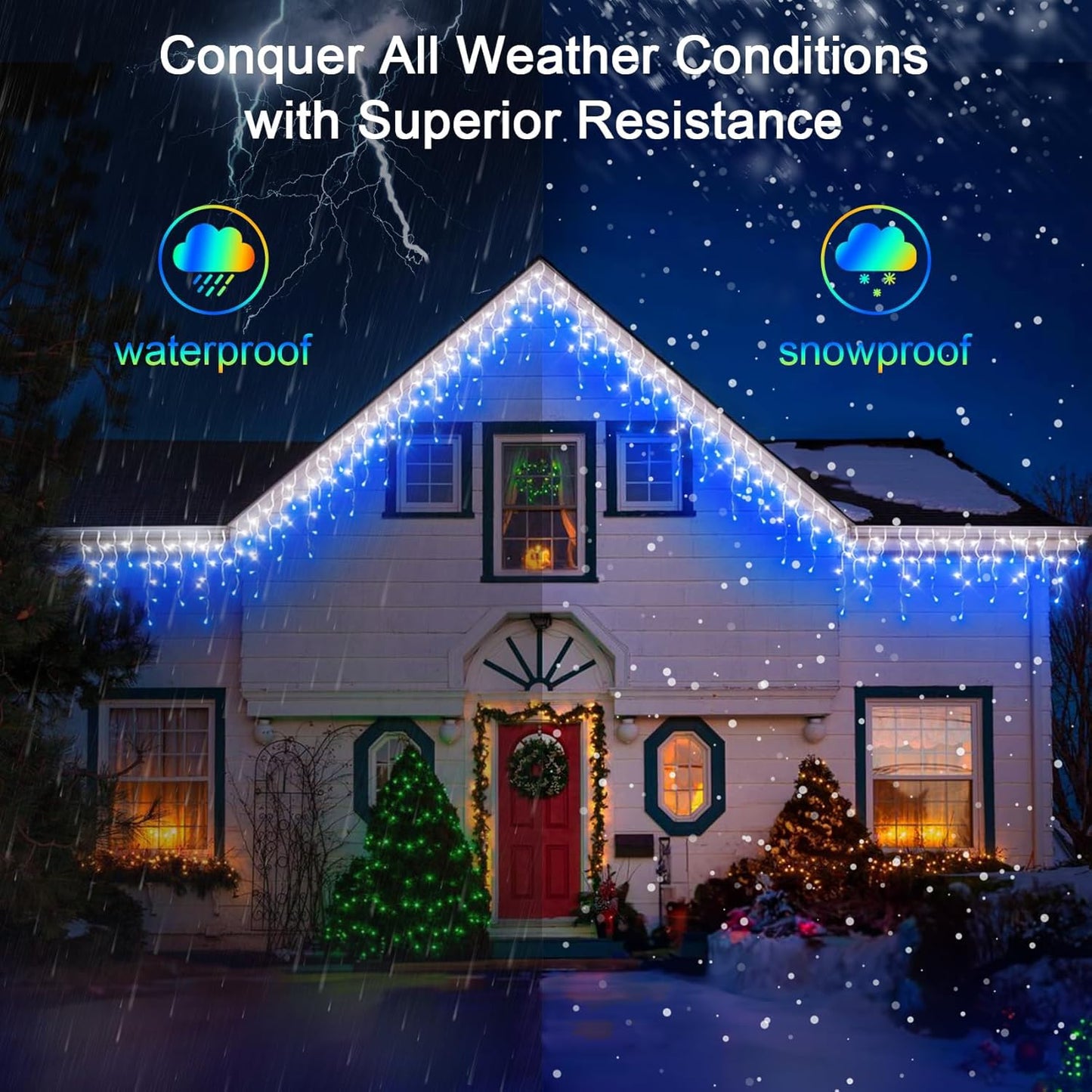 60FT 612 LED Outdoor Christmas Lights - 136 Ice Drops, 12 Pro Modes with Timer Memory & Brightness, Waterproof Hanging Ice String Light for Holiday Wedding Garden Fence House Decor (Blue & White)