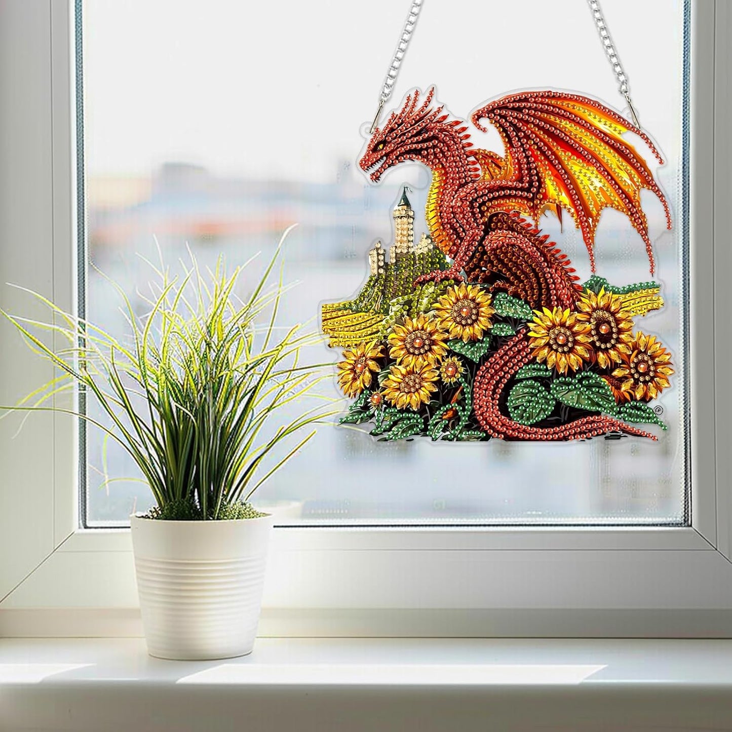SENQAO Dragon Diamond Art Hanging Kit for Adult, Special Shaped Rhinestone, Double Sided DIY Acrylic Diamond Art Painting Window Pendants Home Garden Wall Hanging Kits Hanging Ornament (Sunflower)