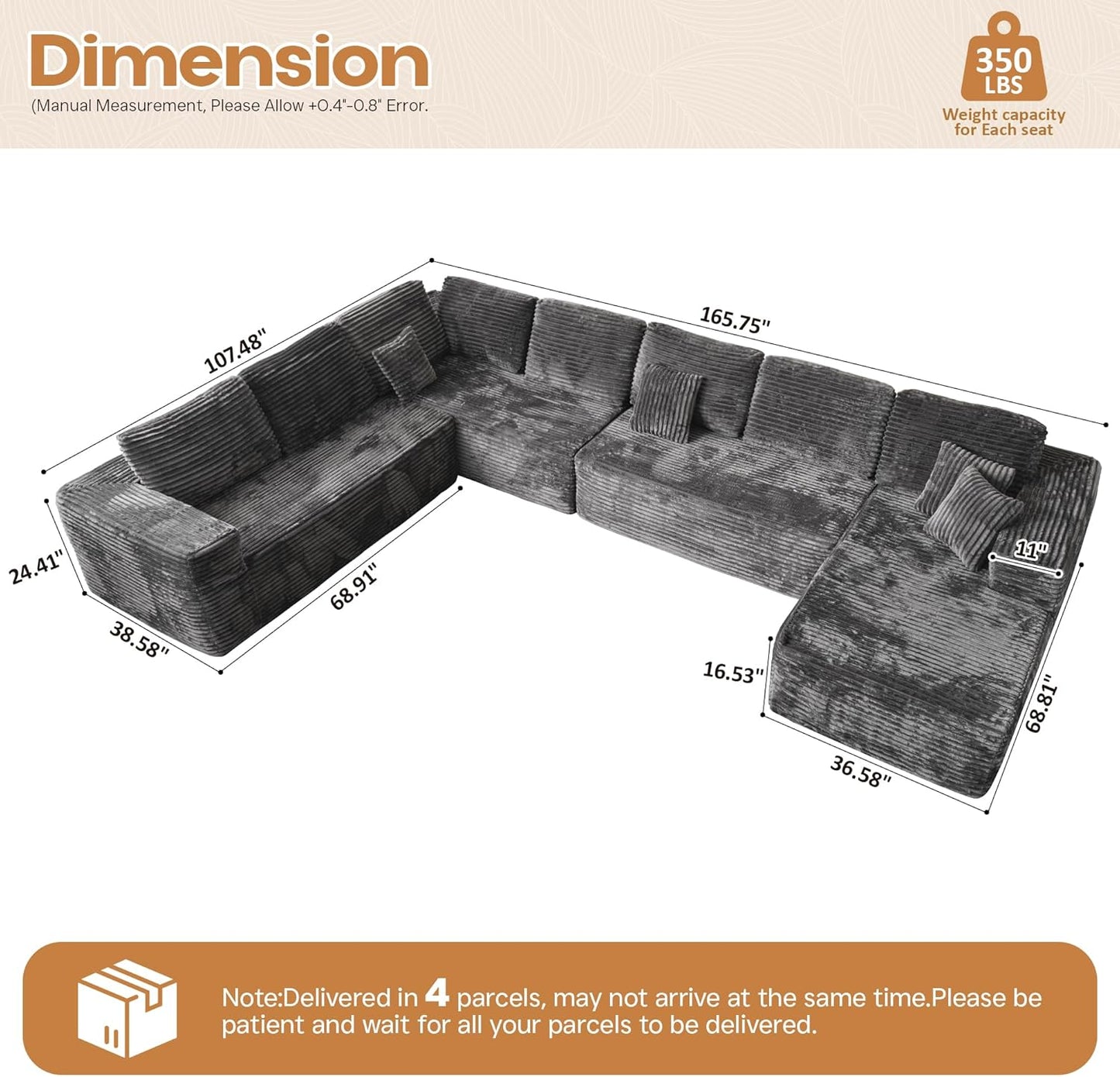 Cloud Sectional Couches for Living Room,U Shaped Modular Sofas No Assembly,165x107 Inches Plush Corduroy Oversized Floor Couch Set with Deep Seat Chaise,Grey