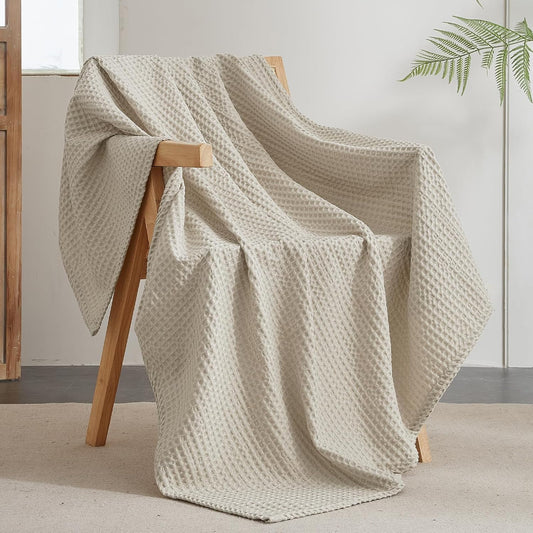 PHF Ultra Soft Waffle Weave Throw Blanket 50"x 60"- Washed Lightweight Breathable Cozy Woven Blanket for Bed - Aesthetic Decor for Couch Bedding Sofa Home Car - Light Khaki/Linen