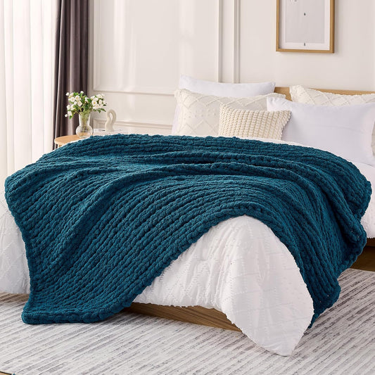 L'AGRATY Chunky Knit Throw: 60''x80'' Chenille Chunky Knitted Blanket for Bed, Couch - Handmade, Thick, Big Cable Knit Blanket - Blue