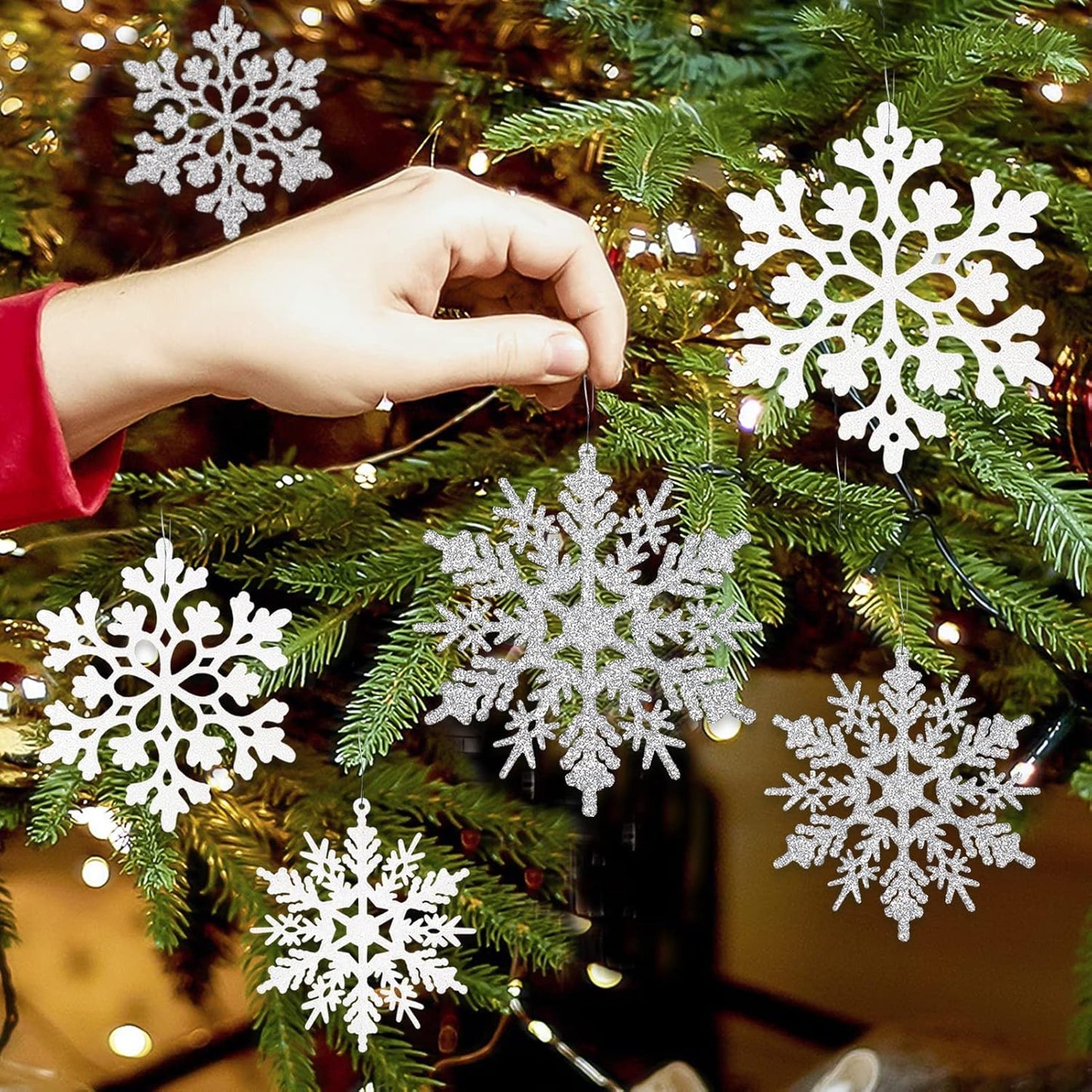 White and Silver Christmas Snowflake Ornaments- 36Pcs Plastic Glitter Hanging Snow Flakes for Christmas Tree Decorations Winter Wonderland Frozen Birthday Party Holiday Home Decor Craft Snowflakes