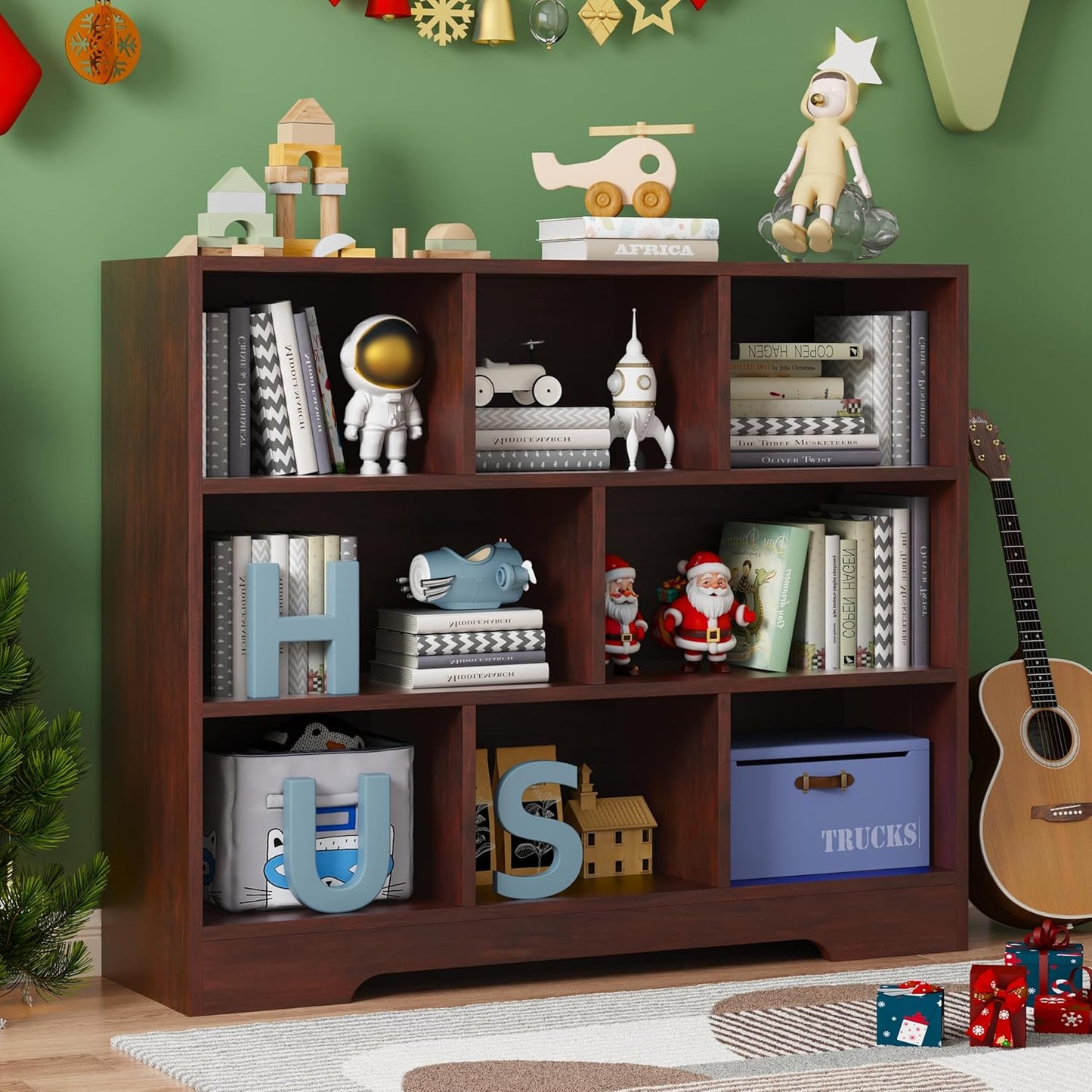 Book Shelf Set of 2, 8 Cubes Storage Organizer, 3-Tier Open Bookshelf Wooden Bookcase, Freestanding Cherry Bookshelf Cube Shelf for Living Room