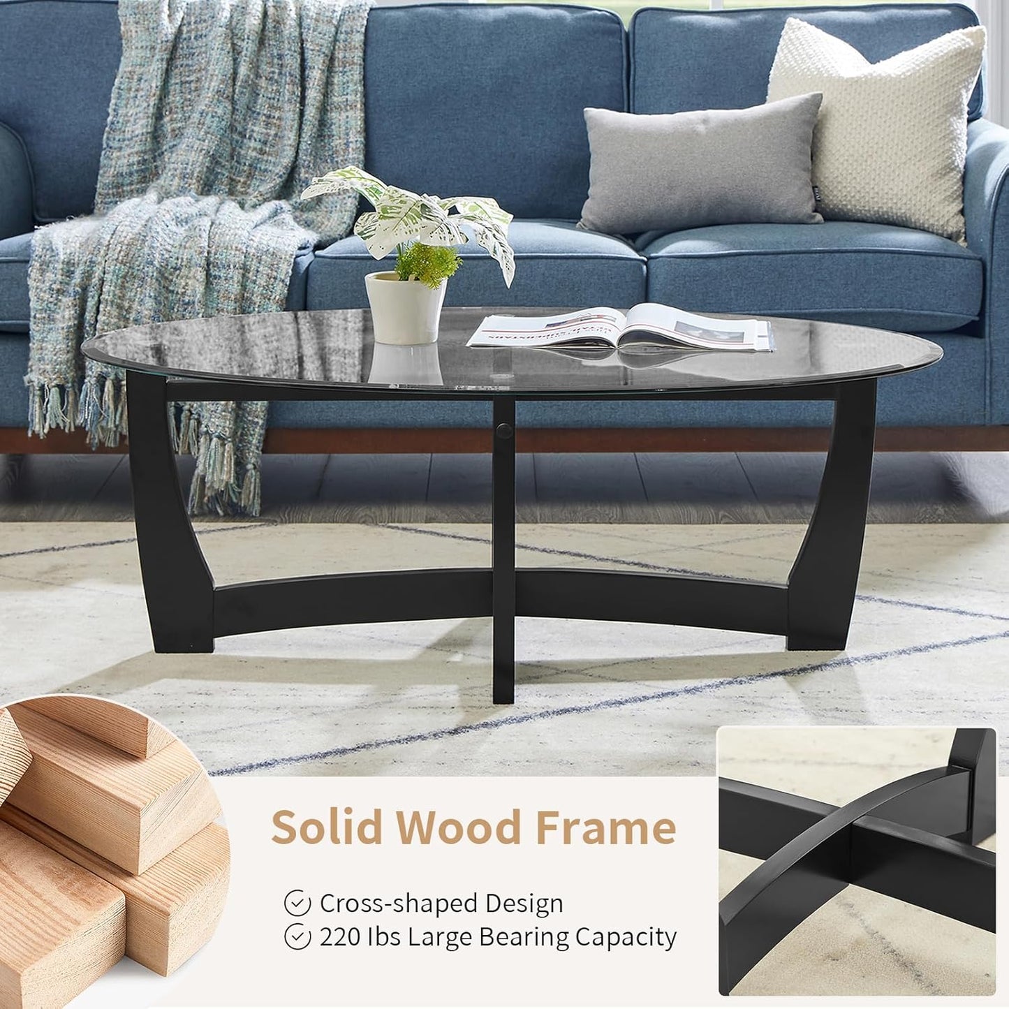 48" Oval Glass Coffee Table with Black Tempered Glass Top Cross and Solid Wood Base Simple & Modern Center Table for Living Room Office Apartment Black