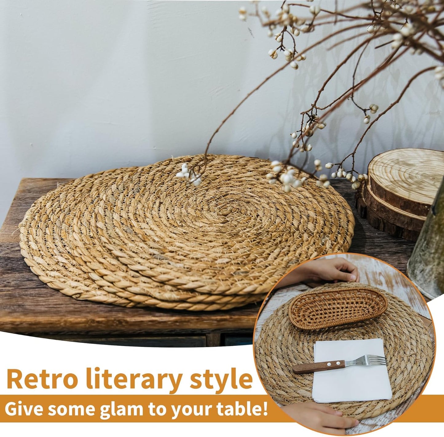 Defined Deco Woven Placemats Set of 4,13" Round Rattan Placemats,Natural Hand-Woven Water Hyacinth Placemats,Farmhouse Weave Place Mats,Rustic Braided Wicker Table Mats for Dining Table,Home,Wedding.