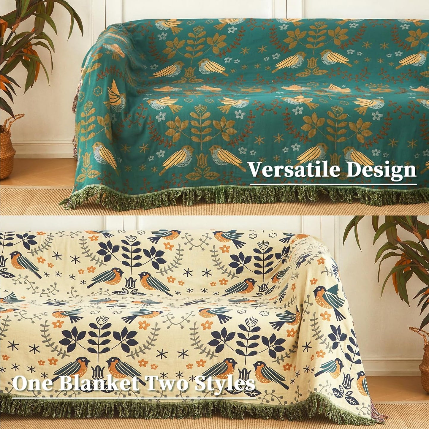 Woven Throw Blanket Cotton Cozy and Soft King Size Blanket Two Side Available Large Bed Blankets All Season Blanket for Couch Bedding (90"x98",01-Cute Bird)