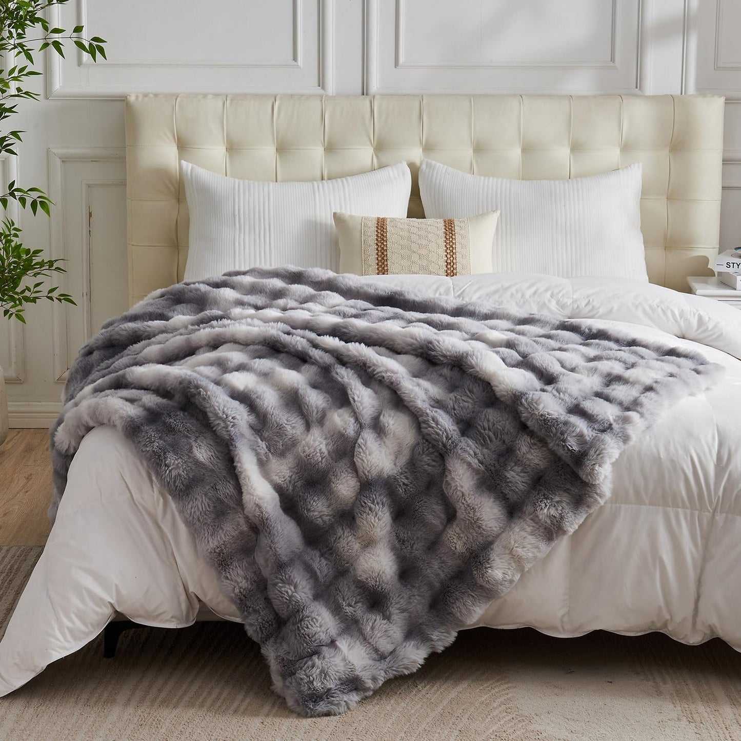 Lotus Karen Queen Size Faux Fur Blanket Tie-Dye Gray - Big Bubble Rabbit Fluff Throw for Bed Large Fluffy Fuzzy Cozy Thick Furry Plush Shaggy Blankets for Men 90x90 Inches