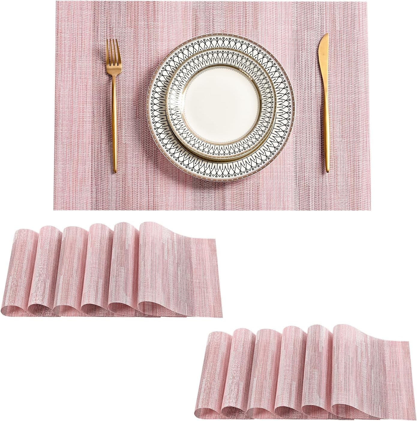 Leetaltree Misty Rose Placemats Set of 12 - Heat Resistant Non-Slip Place mats for Dining Table, Washable Durable PVC Vinyl Woven Table Mats（Misty Rose, 12）