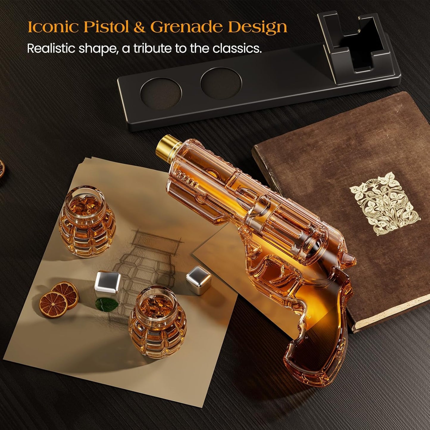 Kollea Whiskey Decanter Set with Grenade-Shaped Shot Glasses, Anniversary Birthday Gifts for Men Who Have Everything, Holiday Whiskey Gifts for Men, Father, Husband, Boyfriend & Military Enthusiasts