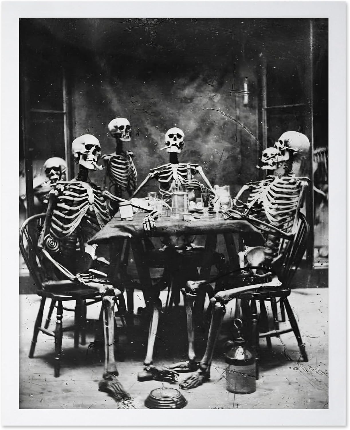 Poster Master Vintage Photograph Poster - Retro Daguerreotype Print - Gift for Artist, Friend - Skeletons Smoking at Table, Dinner Party, Goth - Wall Decor for Home, Dorm, 16x20 White Framed