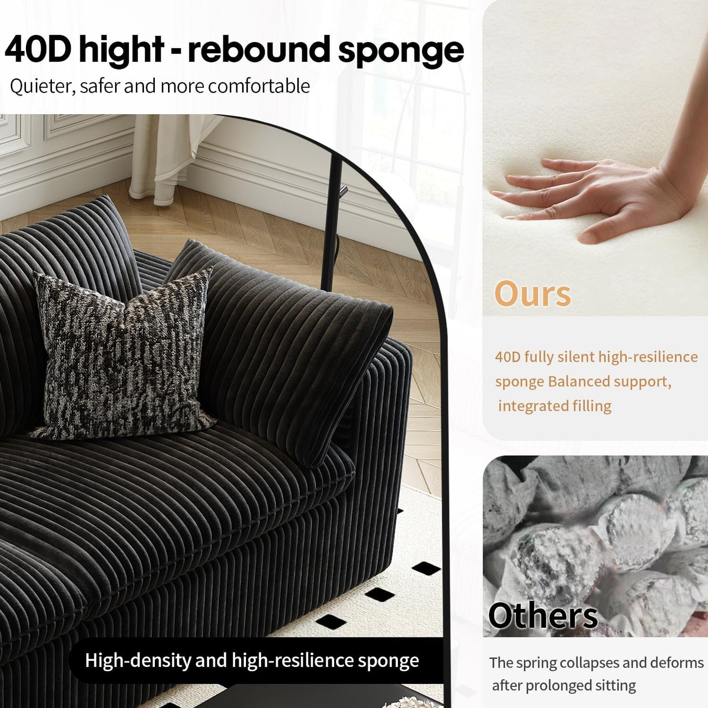 118" Cloud Couch Modular Sectional Sofa for Living Room,Modern Sofa with Deep Seat，U-Shape Boneless Couch with 2 Ottoman,Comfy Upholstered Corduroy Couches for Apartment, Studio, Office,Bedroom，Black