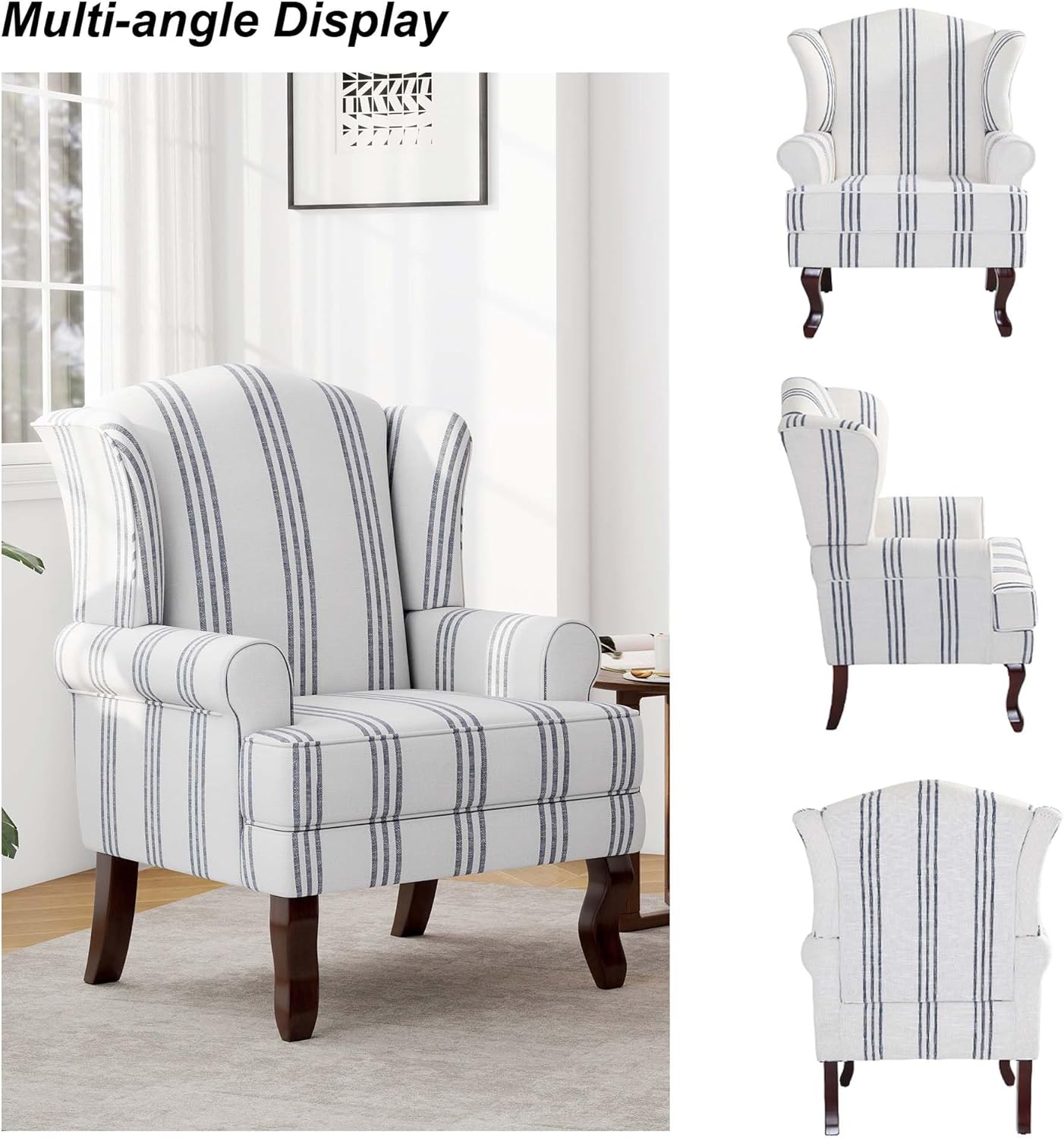 Accent Chair, High Back Upholstered Armchair with High Resilience Sponge & Wood Legs, Mid-Century Modern Comfy Single Sofa Reading Chairs for Living Room, Bedroom (Stripe Navy, Set of 1)