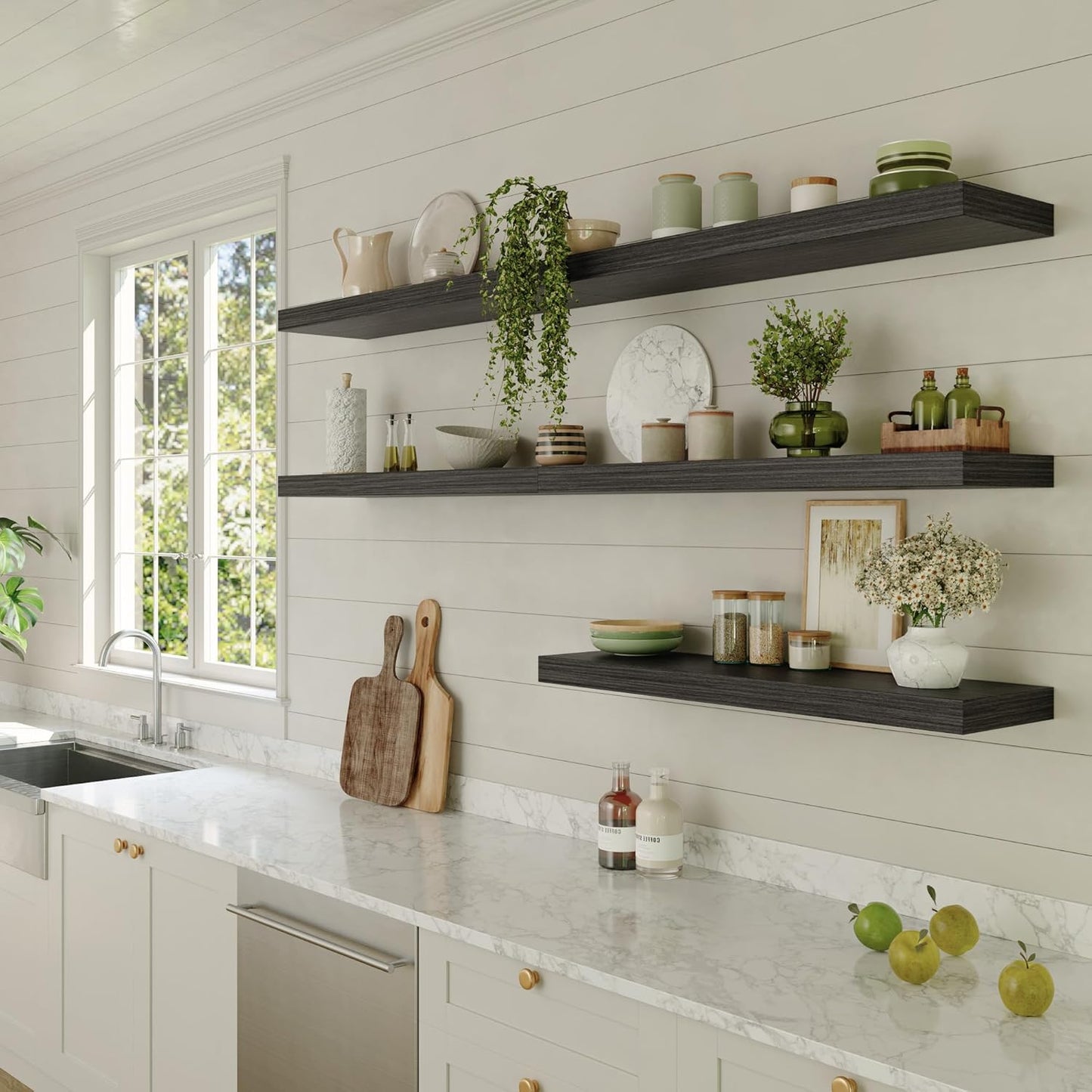 Large Floating Shelves for Wall Set of 3 Wooden Wall Shelves 24 in x 12.75 in x 2 in Room Decor Long Shelf with Invisible Wall Mount Bracket for Bedroom Kitchen Living Room Black Wood