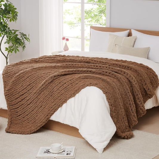 L'AGRATY Chunky Knit Blanket - Soft Chenille Yarn Throw - 60x80: Handmade Thick Cable Knit Crochet Blanket for Couch, Sofa, Bed & Home Decor