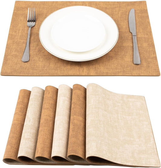 SUEH DESIGN Leather Placemats Set of 6 Reversible Table Mats Heat Resistant Waterproof No-Slip Place Mats for Dining Table Kitchen Parties, Camel and Beige