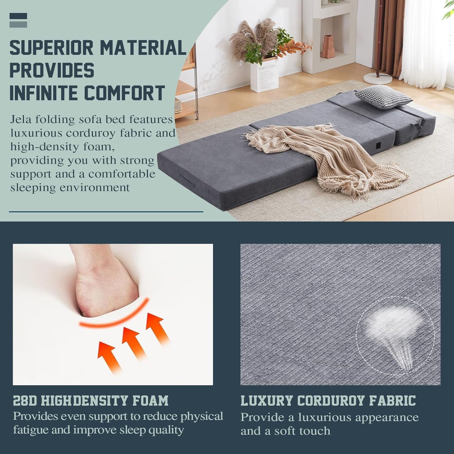 jela Foldable Sofa Bed Large Soft Foam Convertible Sleeper Chair Luxury Corduroy Fabric Fold Out Chair Bed Floor Couch with Back Support Floor Sofa for Living Room Bedroom (83"x33",Darkgrey)