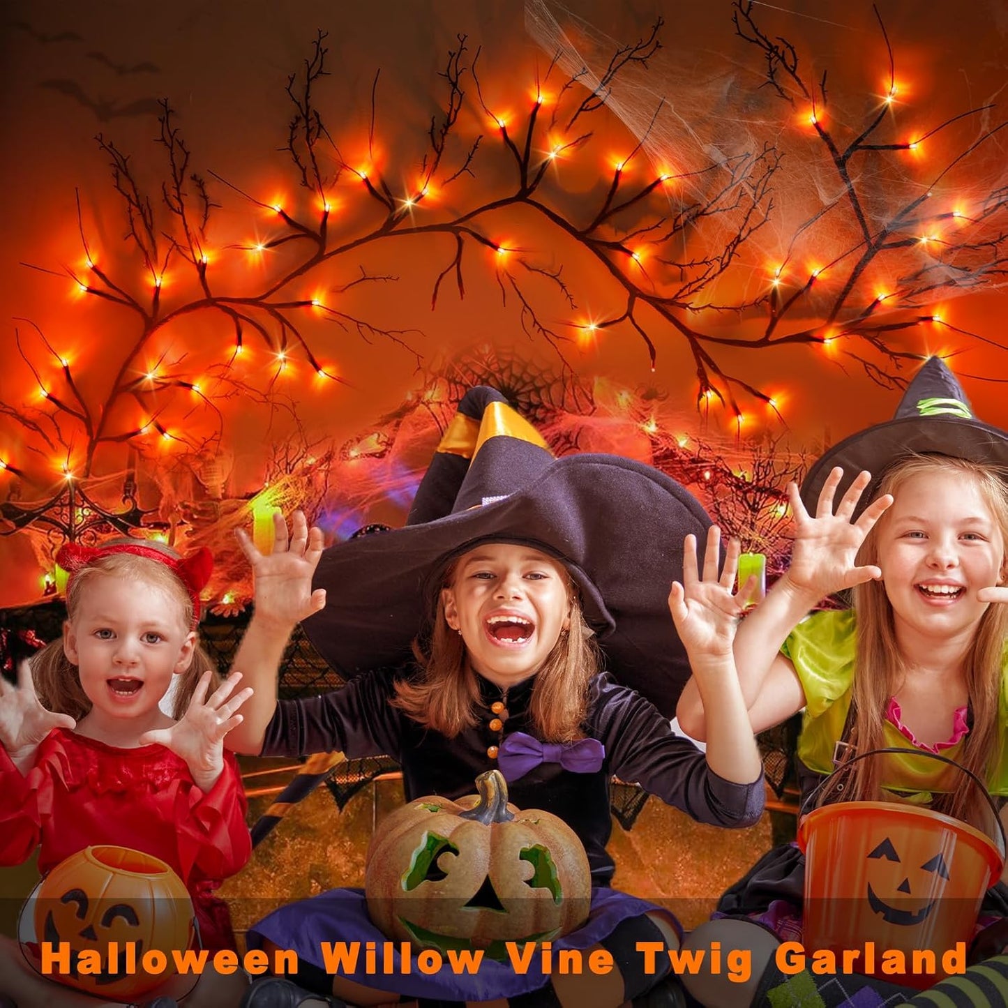 9 FT 72LED Halloween Willow Vine Twig Decor Branches Garland with Lights - 8 Modes Timer - Waterproof Battery Operated for Indoor Wall Fireplace Halloween Decorations