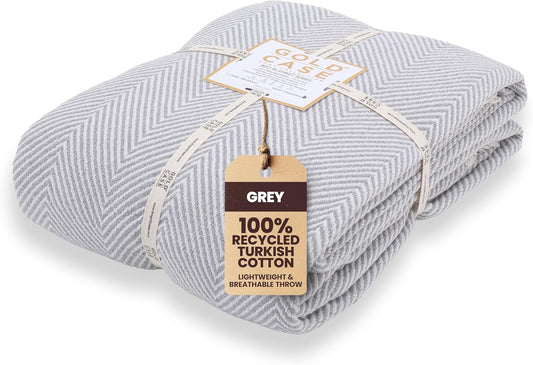 Gold Case Throw Blanket for Bed – 100% Recycled Turkish Cotton Bed Blanket – Decorative Throw Cotton Blankets for Living Room & Bedroom – Elegant Grey Woven Queen Blankets – 90x90