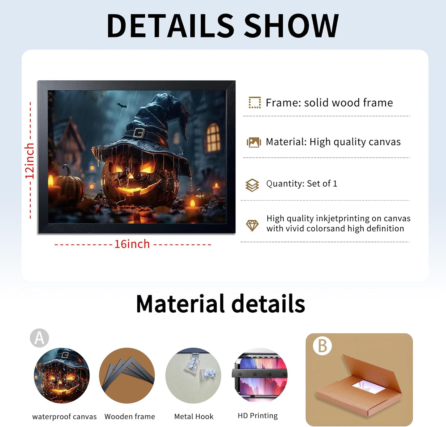 Wood Framed Dark Halloween Pumpkin Wall Art, Gothic Witch Hat Jack-o'-Lantern Canvas Print, Dark Academia Spooky Haunted House Poster Wall Art for Living Room Bedroom Room Aesthetics 12x16 inch