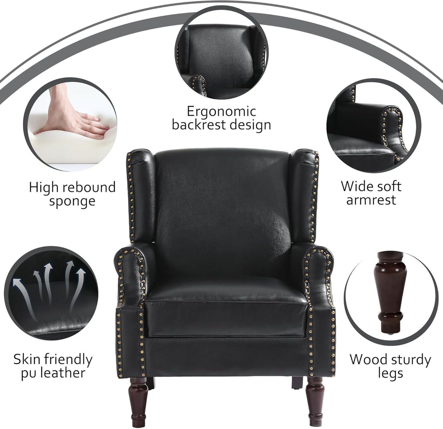 Accent Chairs, Faux Leather High Back Armchair Set of 2 or Living Room, Comfy Upholstered Single Sofa Reading Chairs with Solid Wood Legs for Office, Bedroom, Waiting Room-Black