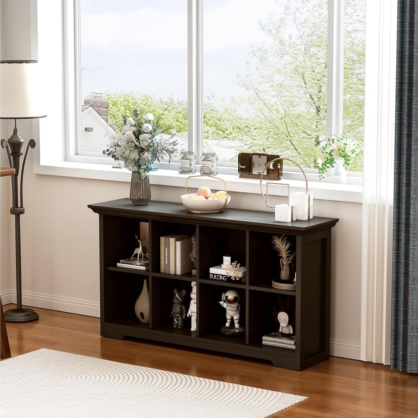 Cube Shelf Bookcase with Base - Wooden 2 Tiers Floor Standing Low Storage Cabinet for Home and Office, 8-Cube Lattice Bookshelf, Black